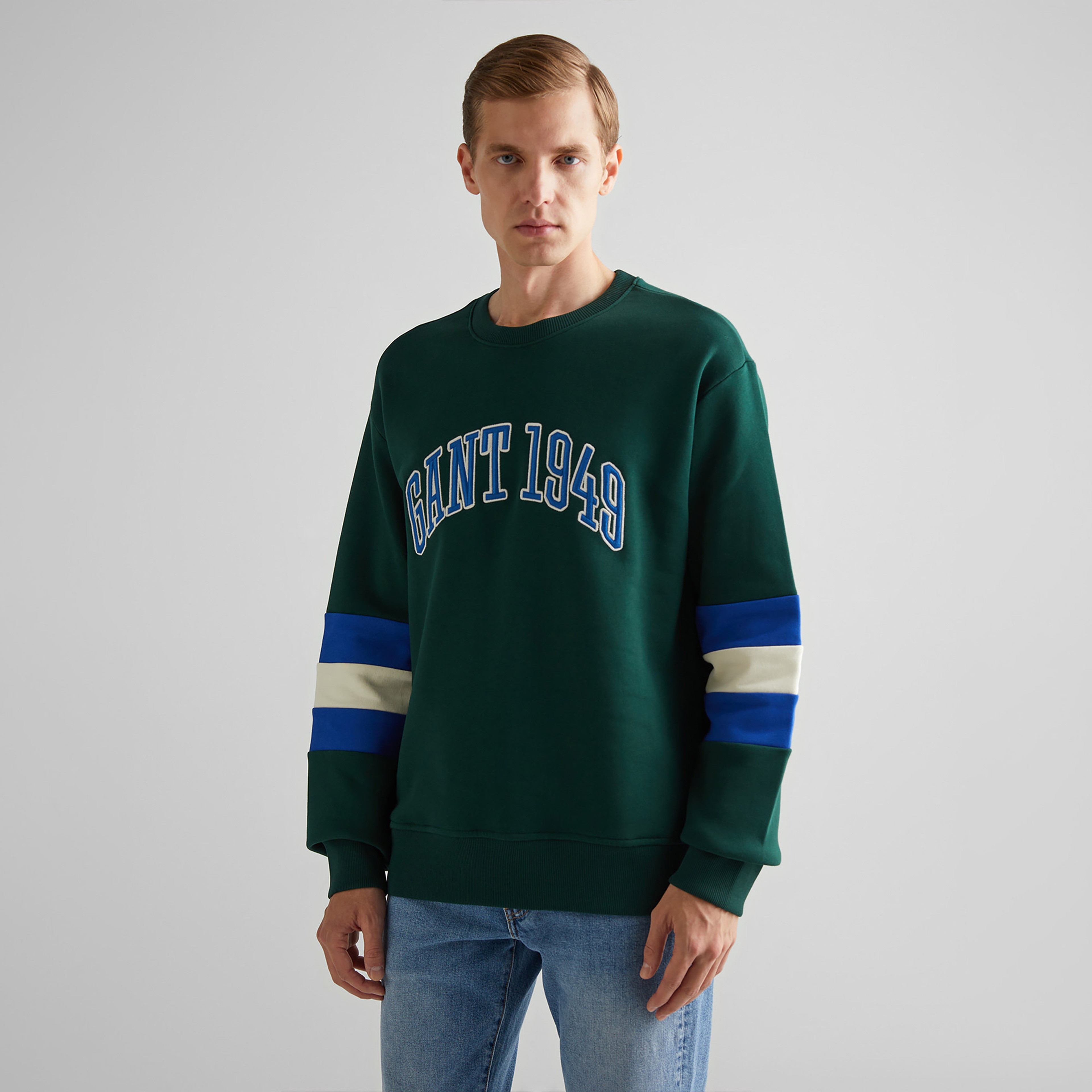 GANT Erkek Yeşil Relaxed Fit Bisiklet Yaka Renk Bloklu Sweatshirt