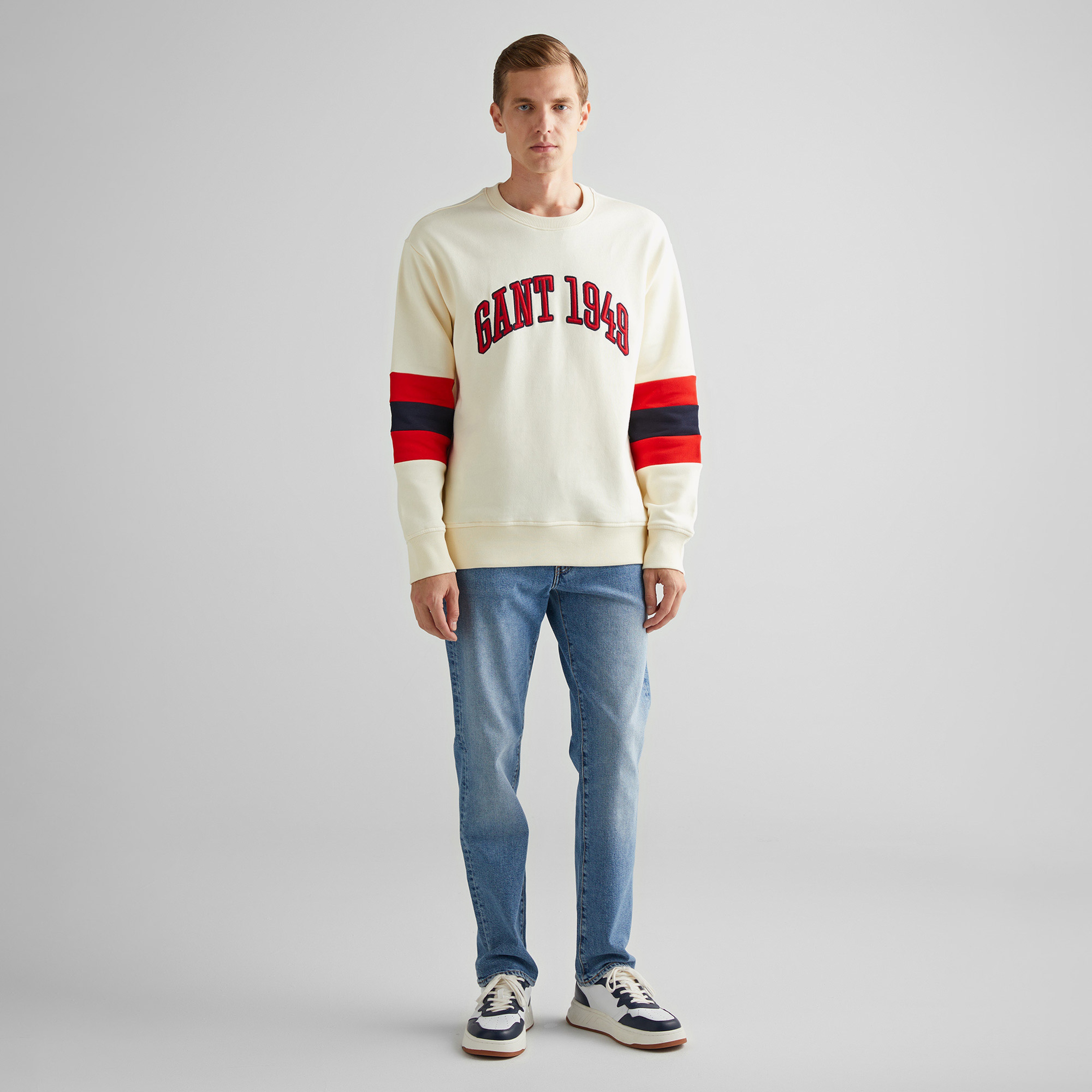GANT Erkek Krem Relaxed Fit Bisiklet Yaka Renk Bloklu Sweatshirt