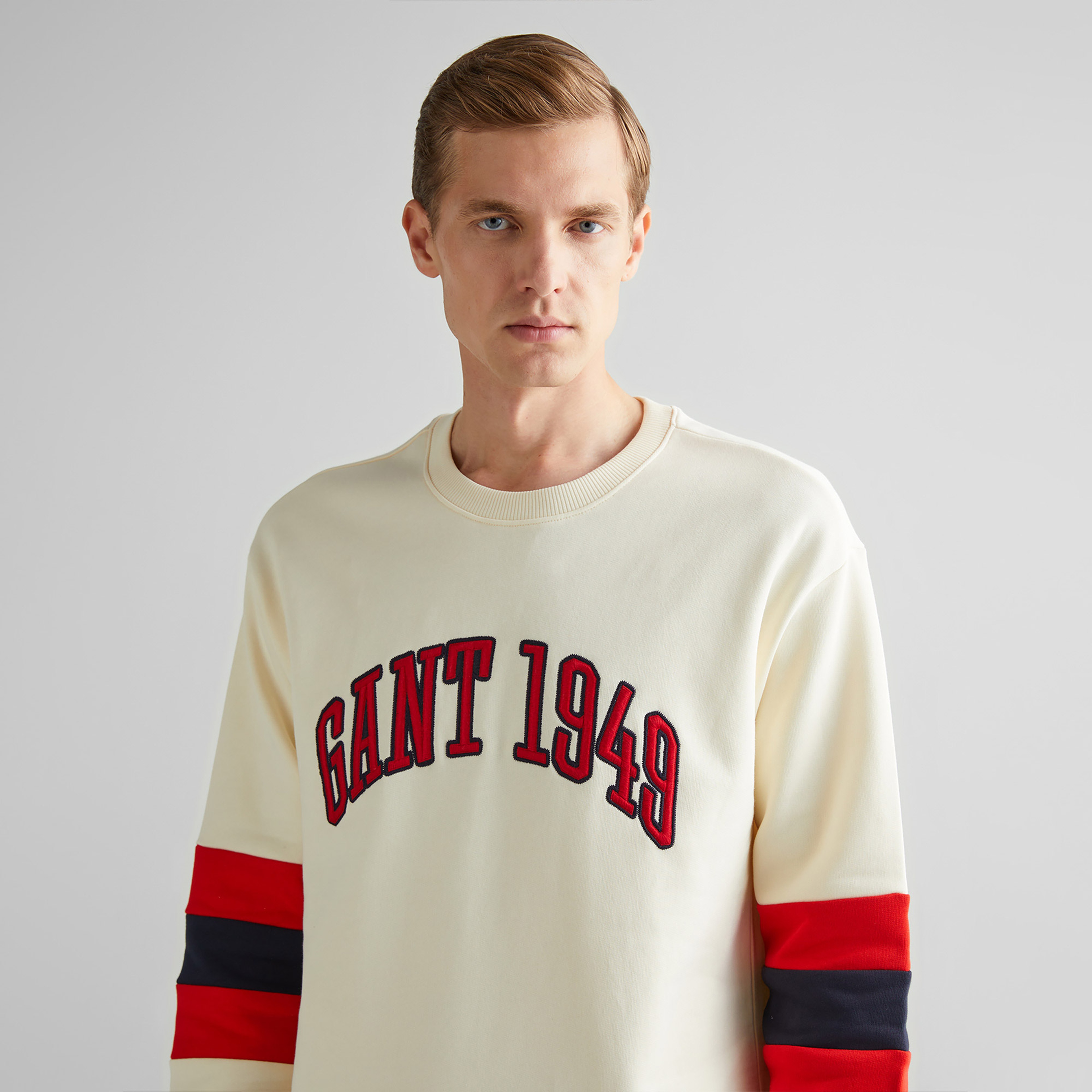 GANT Erkek Krem Relaxed Fit Bisiklet Yaka Renk Bloklu Sweatshirt