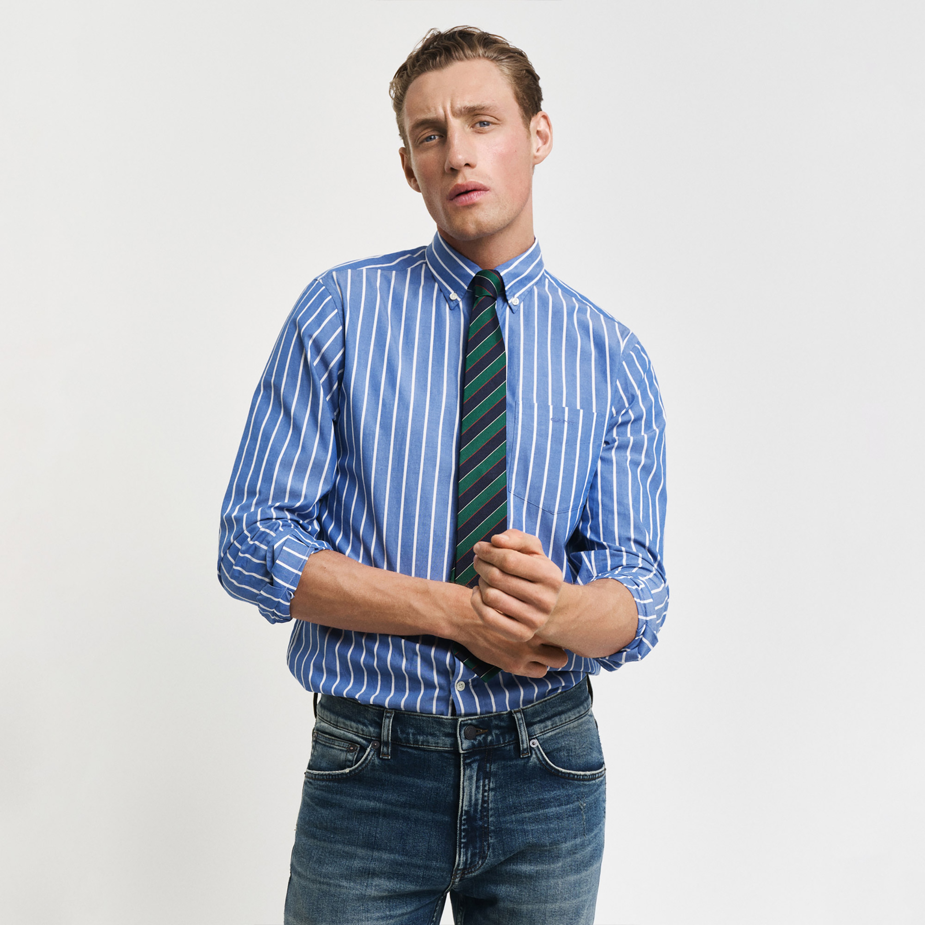 GANT Erkek Mavi Regular Fit Düğmeli Yaka Çizgili Gömlek
