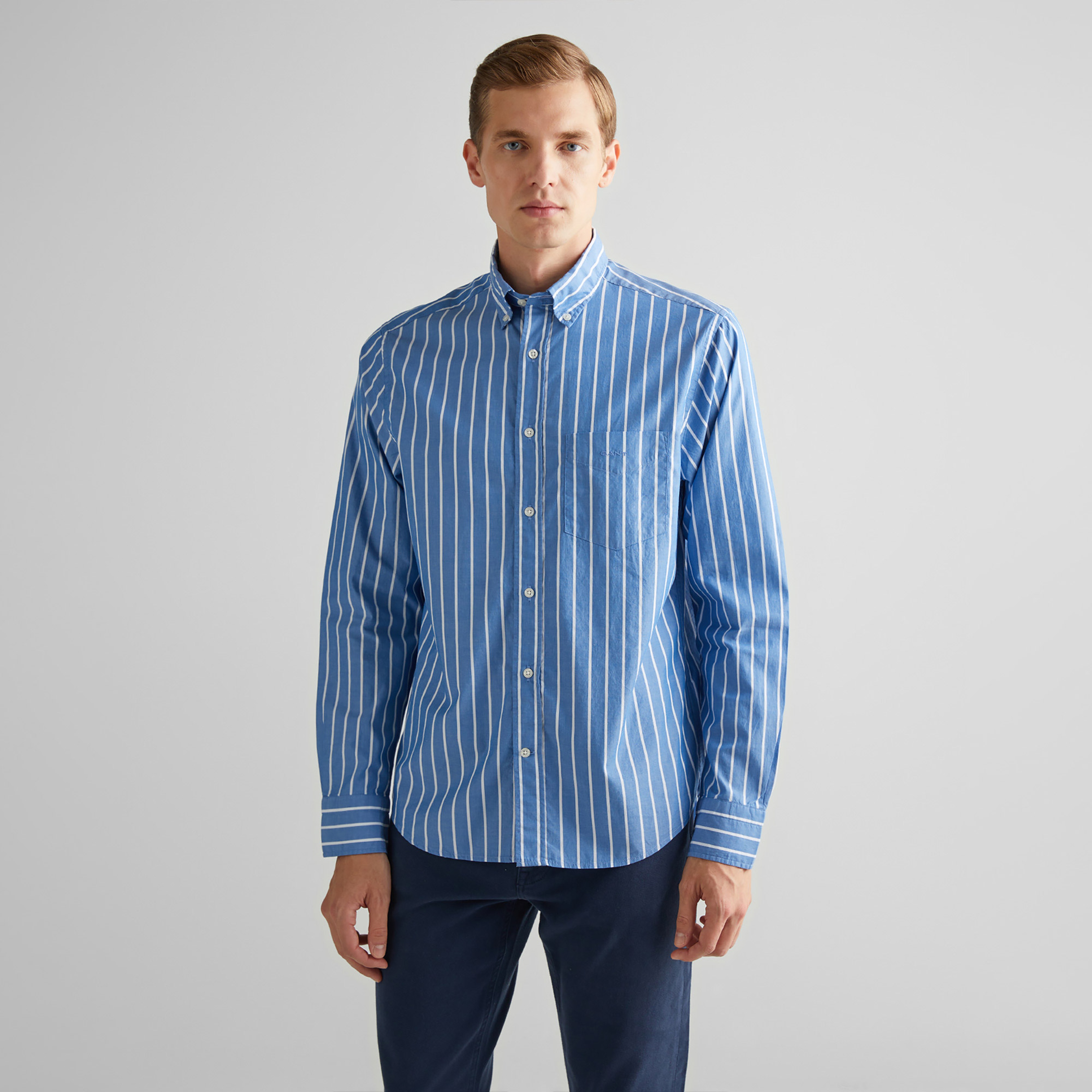 GANT Erkek Mavi Regular Fit Düğmeli Yaka Çizgili Gömlek