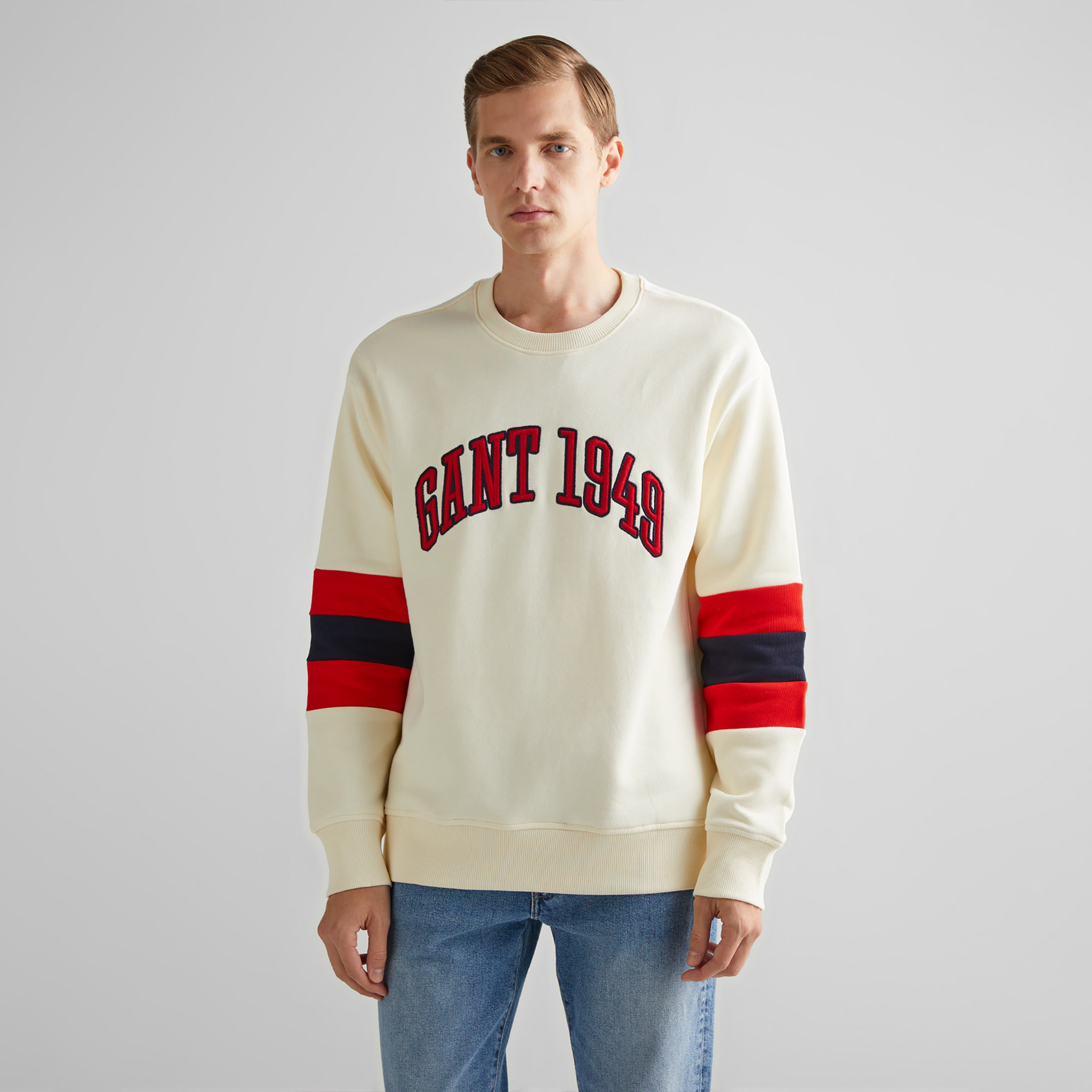 GANT Erkek Krem Relaxed Fit Bisiklet Yaka Renk Bloklu Sweatshirt