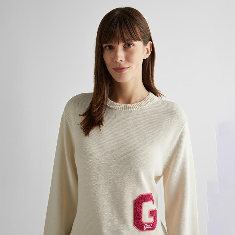 GANT Kadın Krem Oversize Fit Bisiklet Yaka Logolu Kazak