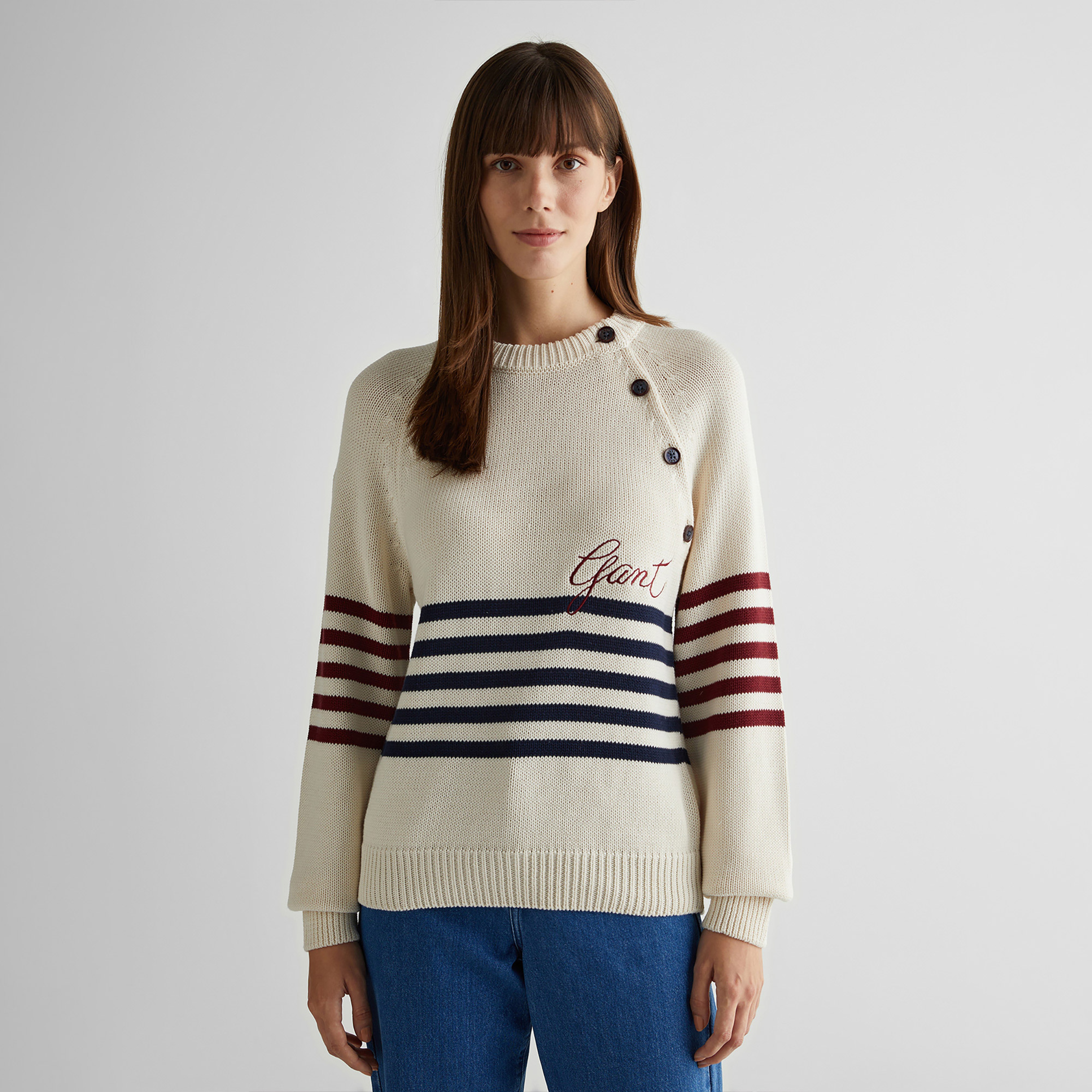 GANT Kadın Krem Regular Fit Bisiklet Yaka Logolu Kazak