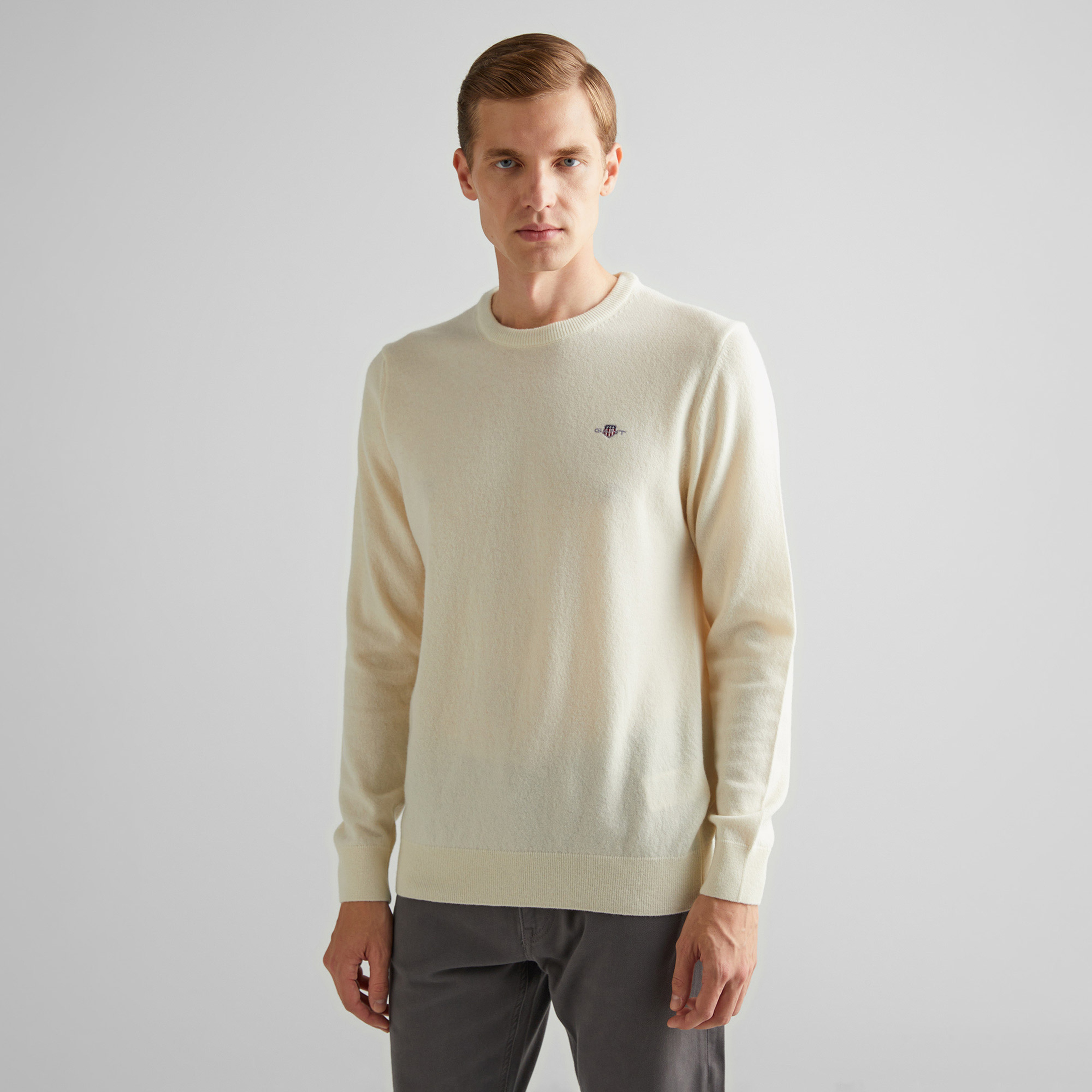 GANT Erkek Krem Regular Fit Bisiklet Yaka Yün Kazak