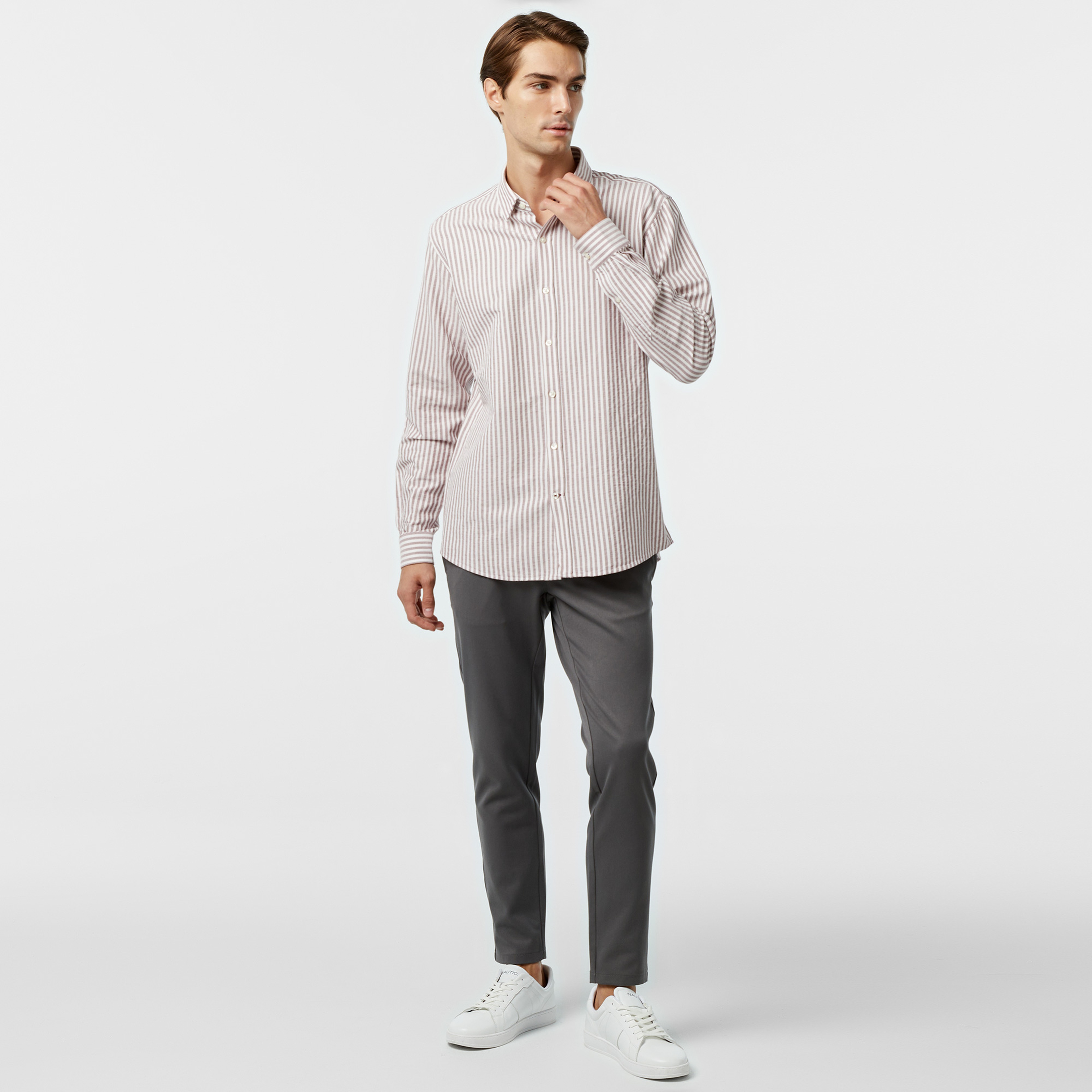 Nautica Erkek Bordo Classic Fit Çizgili Gömlek