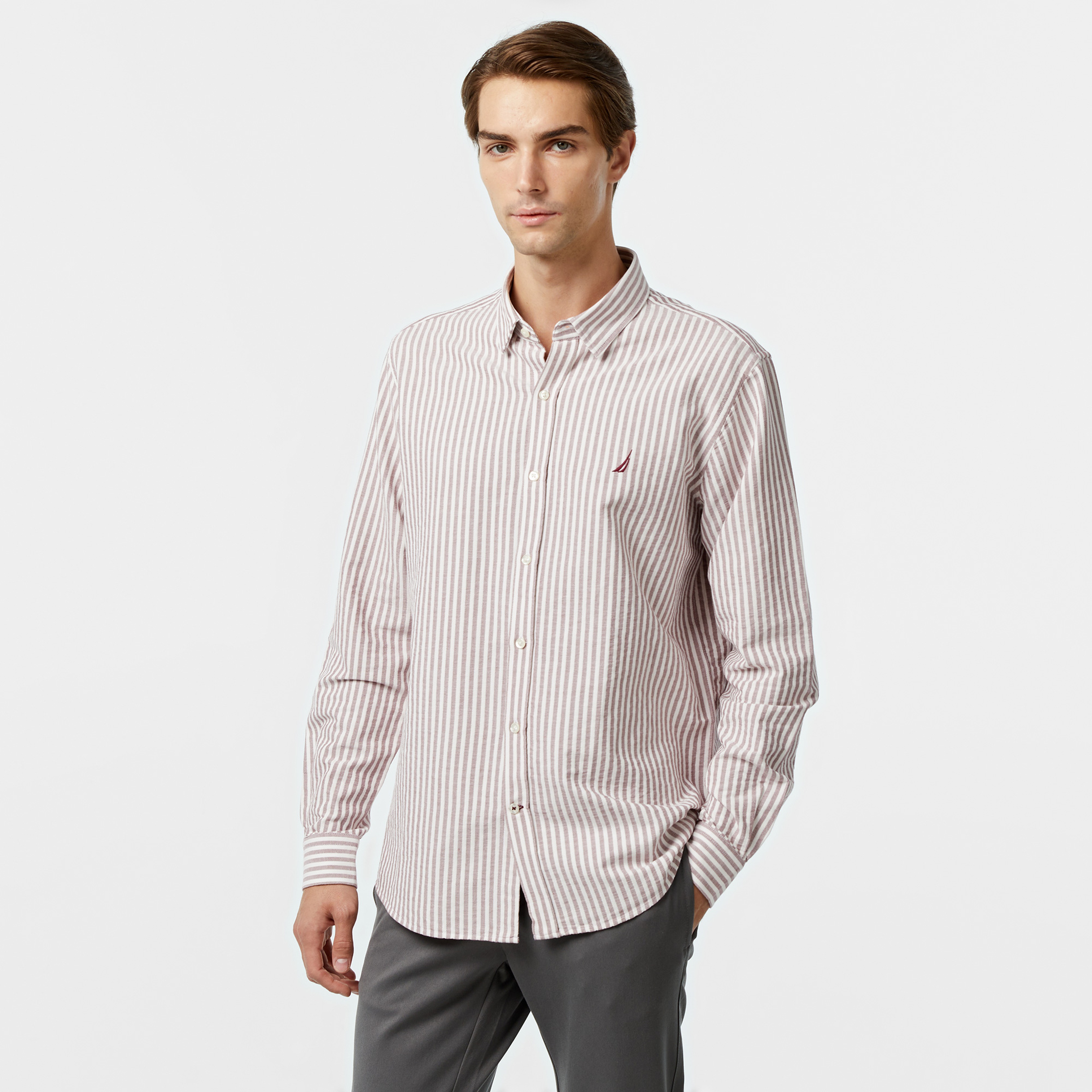 Nautica Erkek Bordo Classic Fit Çizgili Gömlek