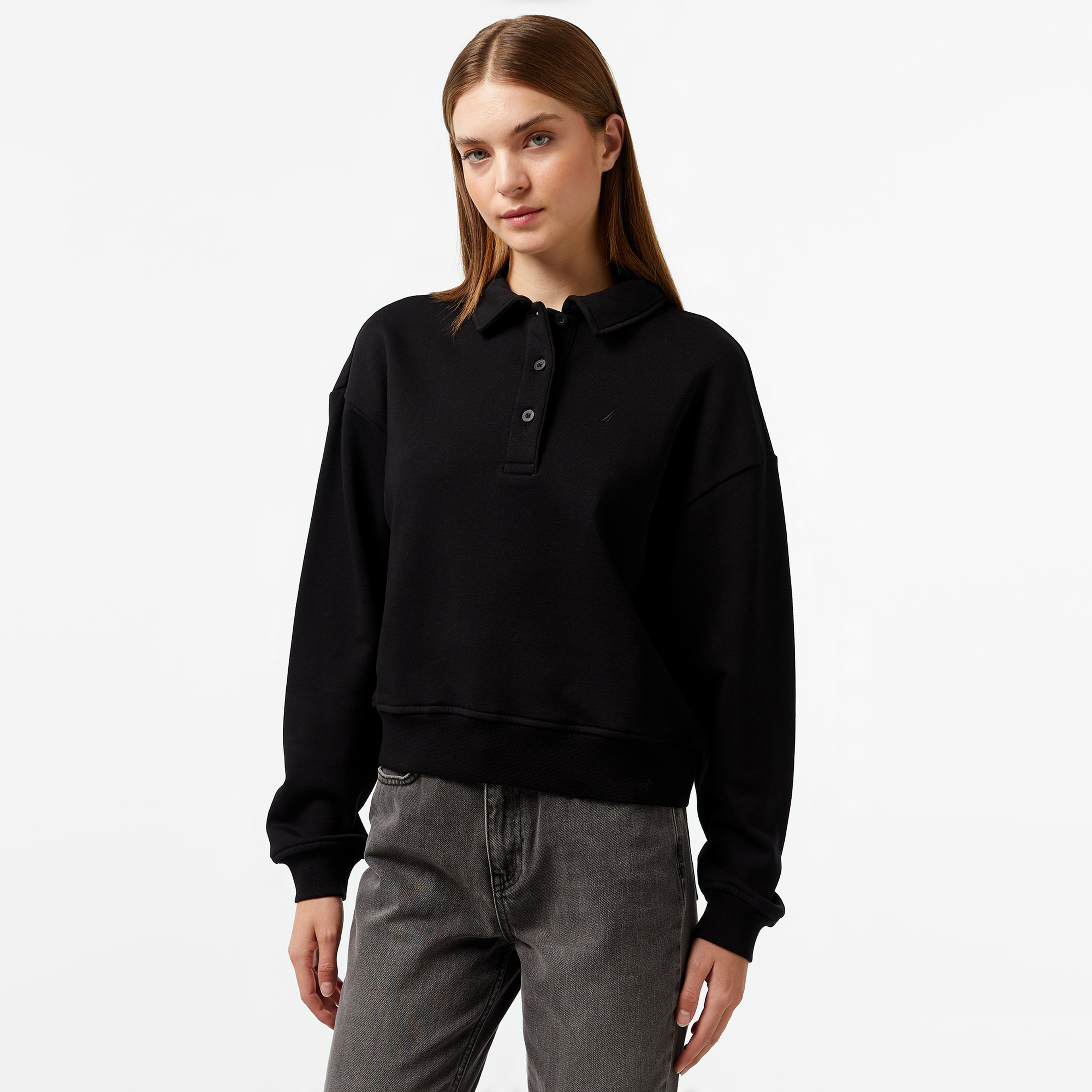 Nautica Kadın Siyah Oversize Uzun Kollu Polo Yaka T-Shirt