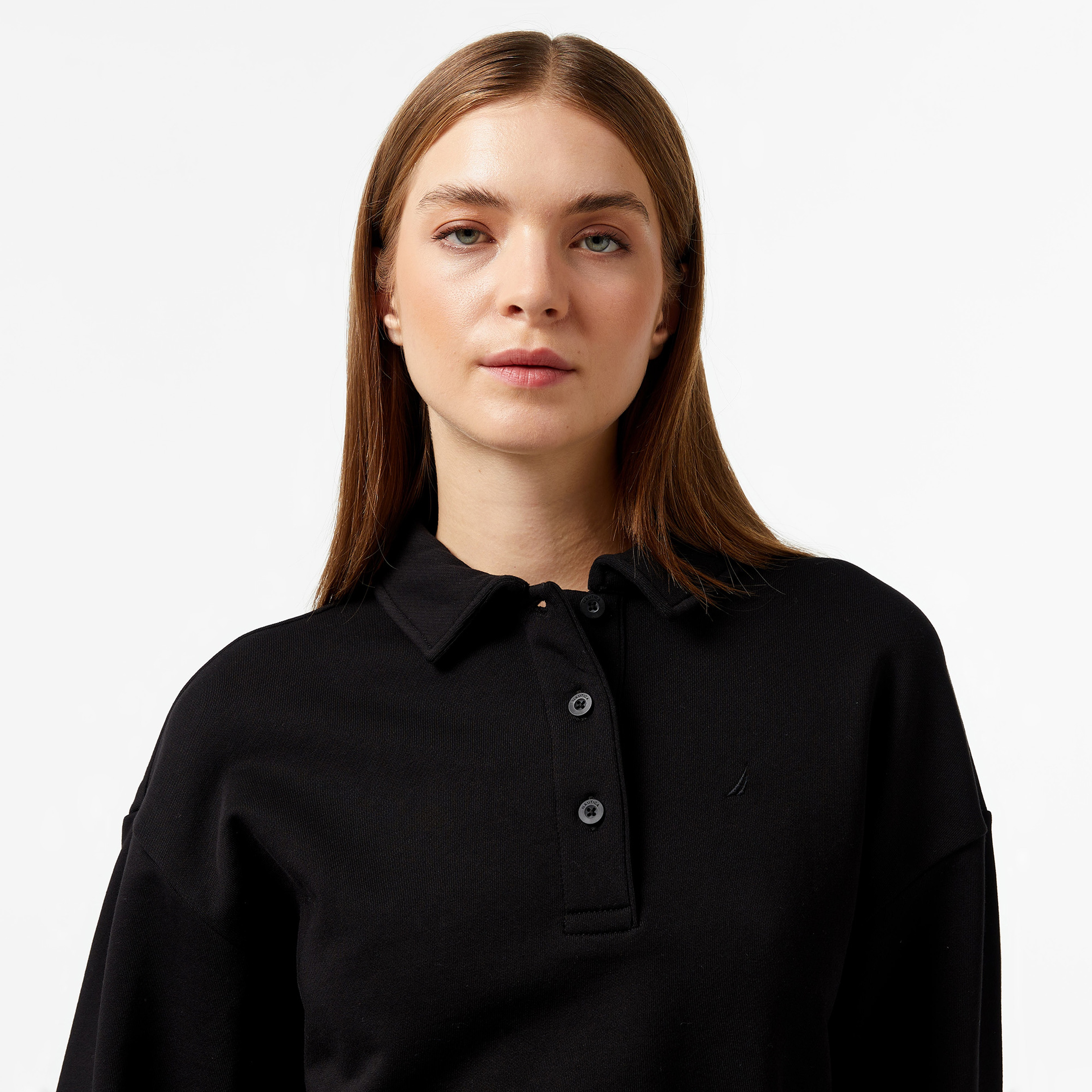 Nautica Kadın Siyah Oversize Uzun Kollu Polo Yaka T-Shirt