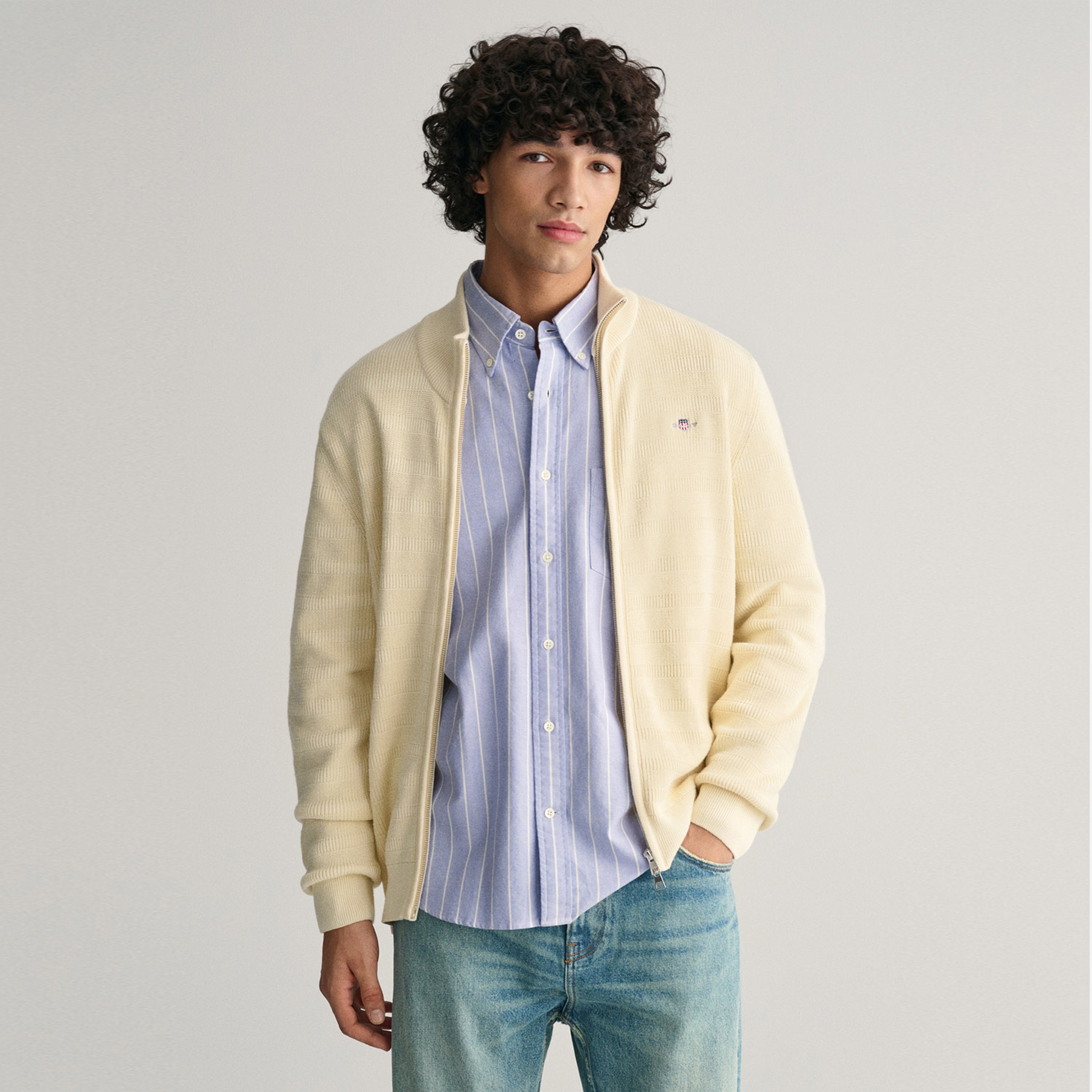 GANT Erkek Krem Regular Fit Fermuarlı Logolu Hırka