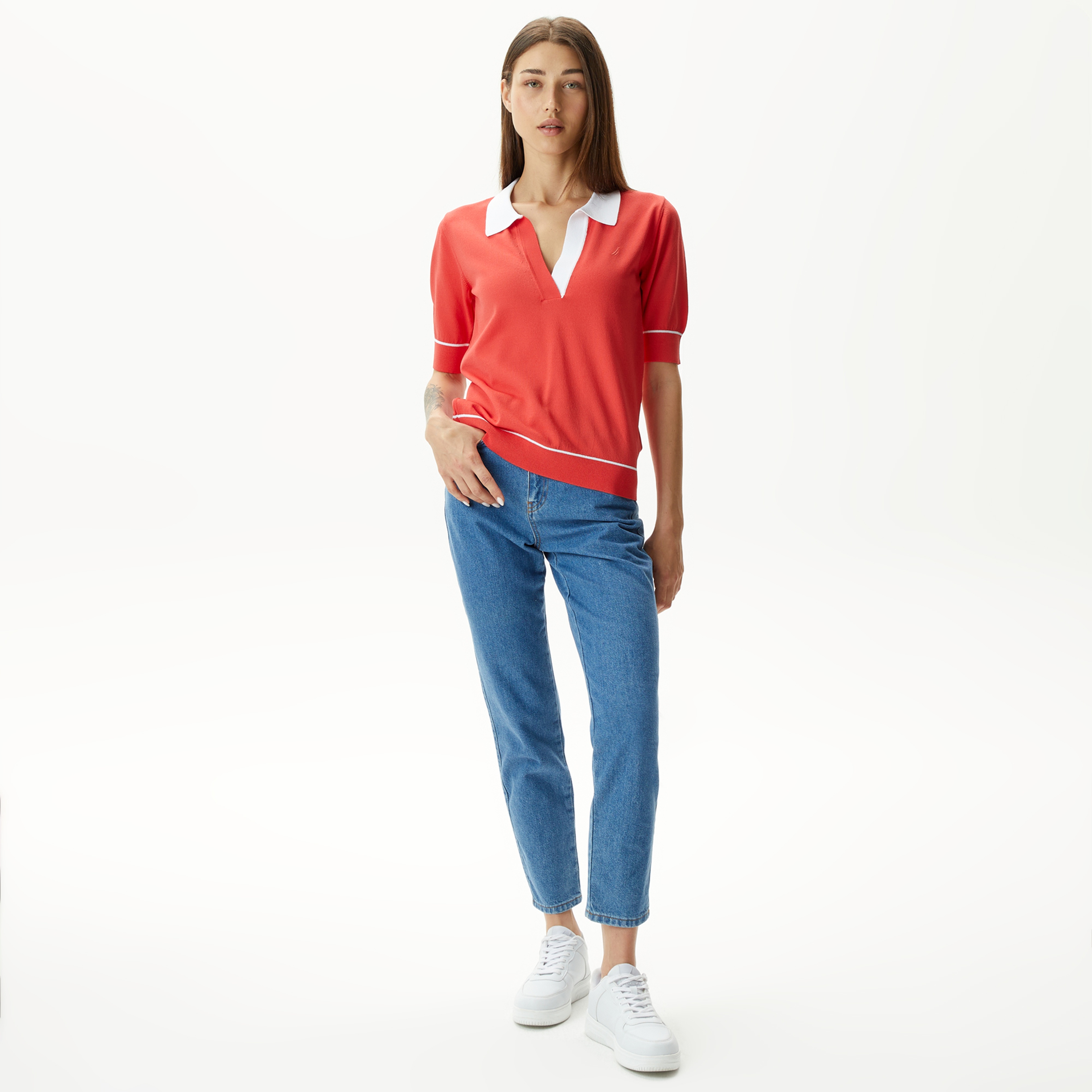 Nautica Kadın Kırmızı Relaxed Fit Kısa Kollu Triko