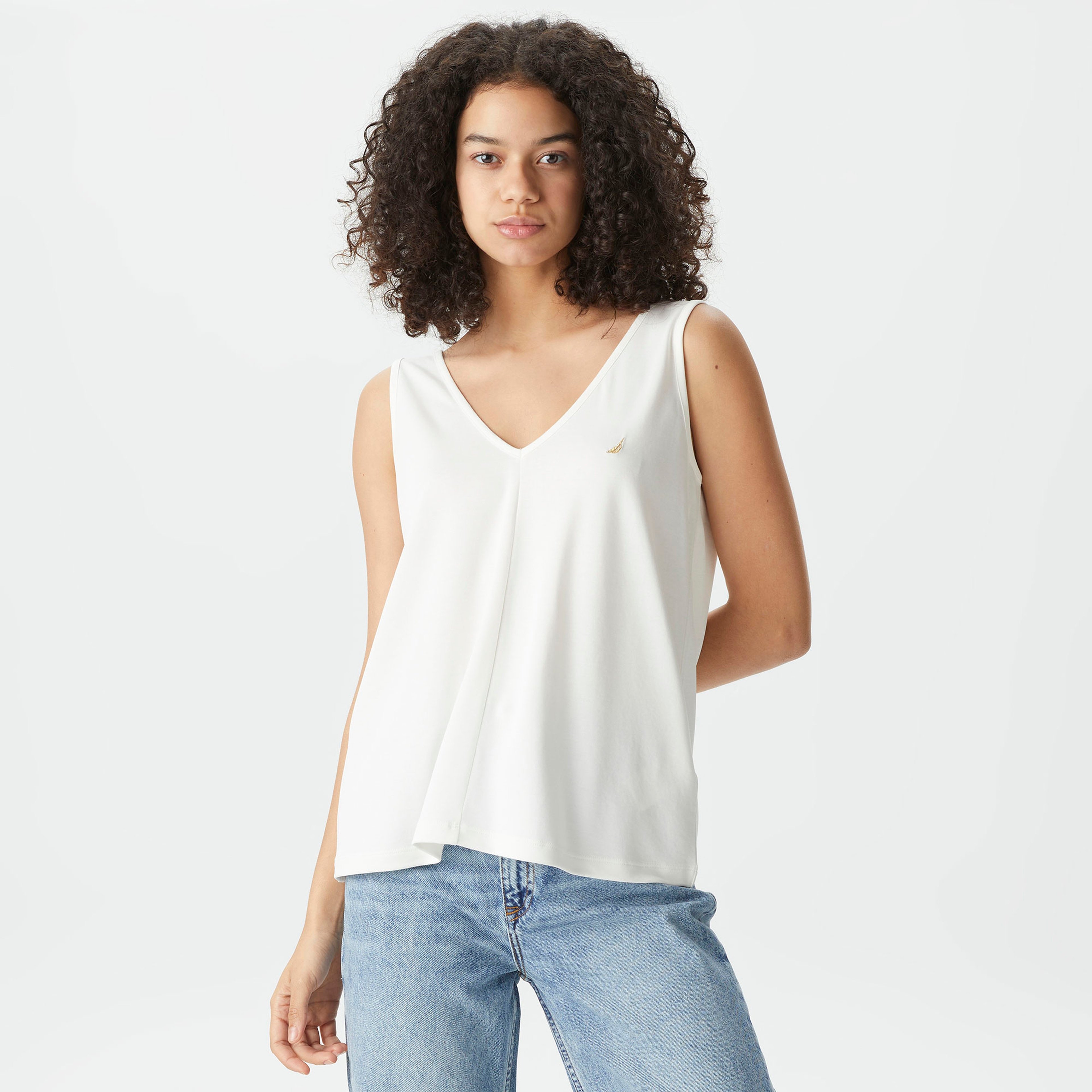 Nautica Kadın Beyaz Relaxed Fit V Yaka T-Shirt