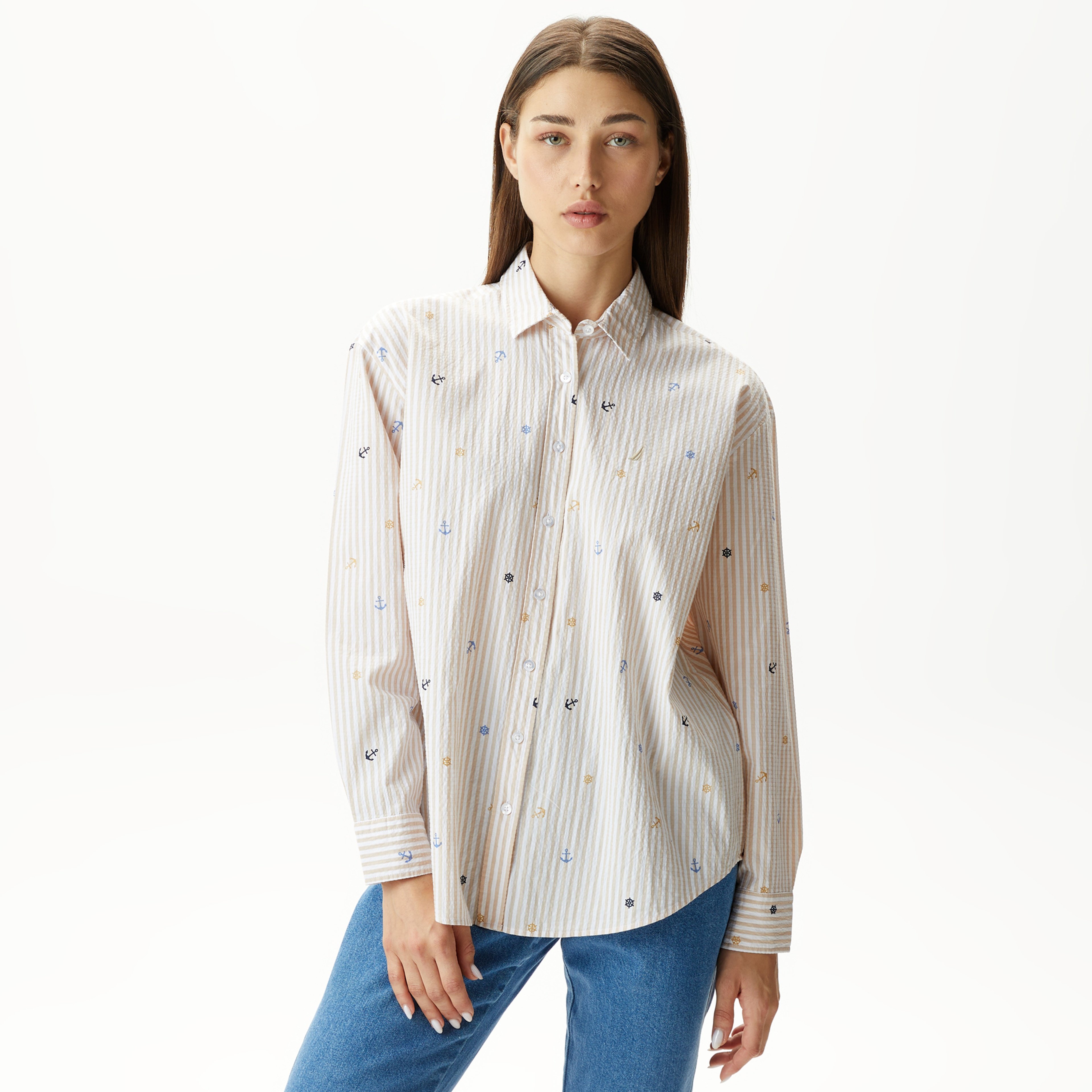 Nautica Kadın Bej Relaxed Fit Uzun Kollu Çizgili Gömlek