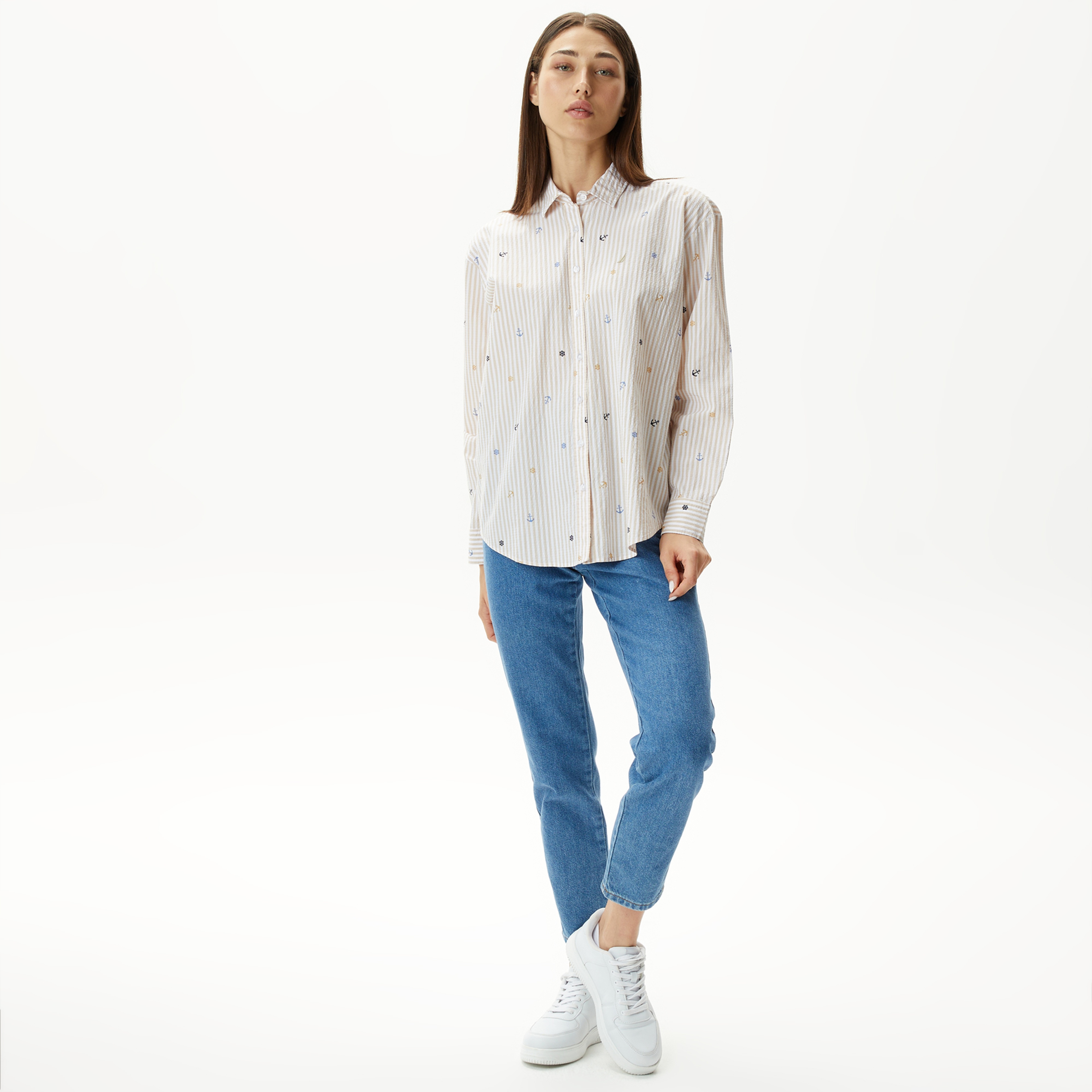 Nautica Kadın Bej Relaxed Fit Uzun Kollu Çizgili Gömlek