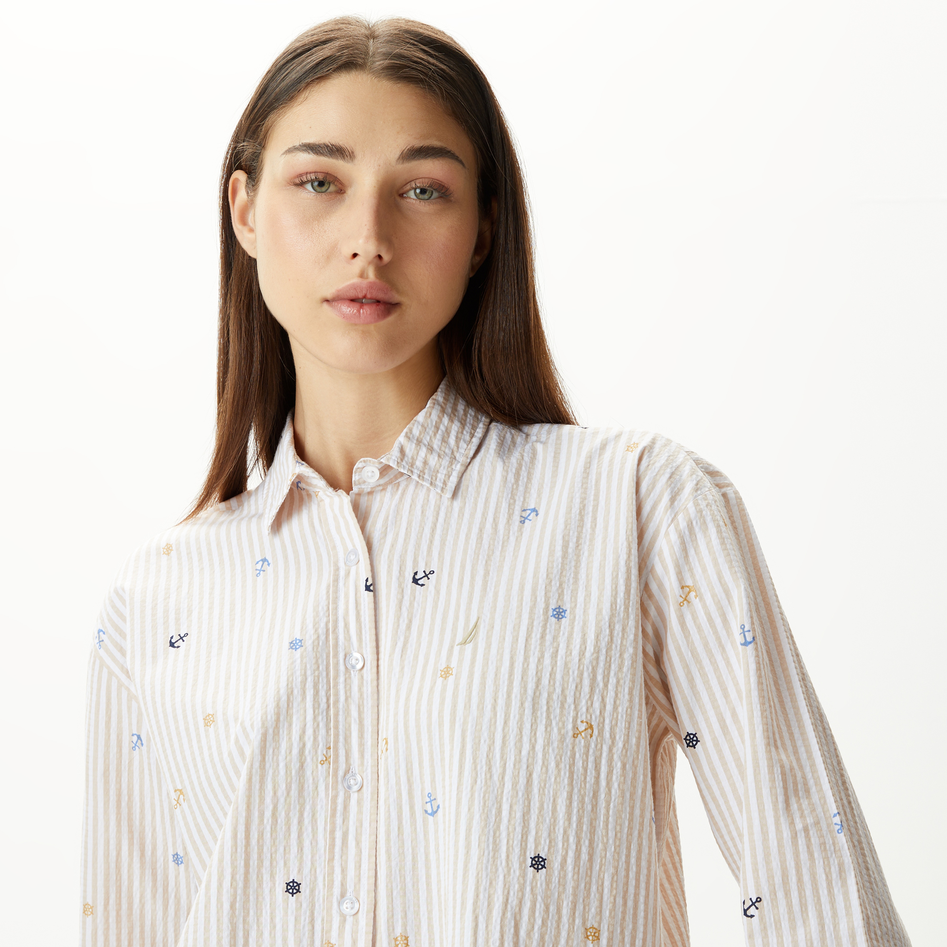 Nautica Kadın Bej Relaxed Fit Uzun Kollu Çizgili Gömlek