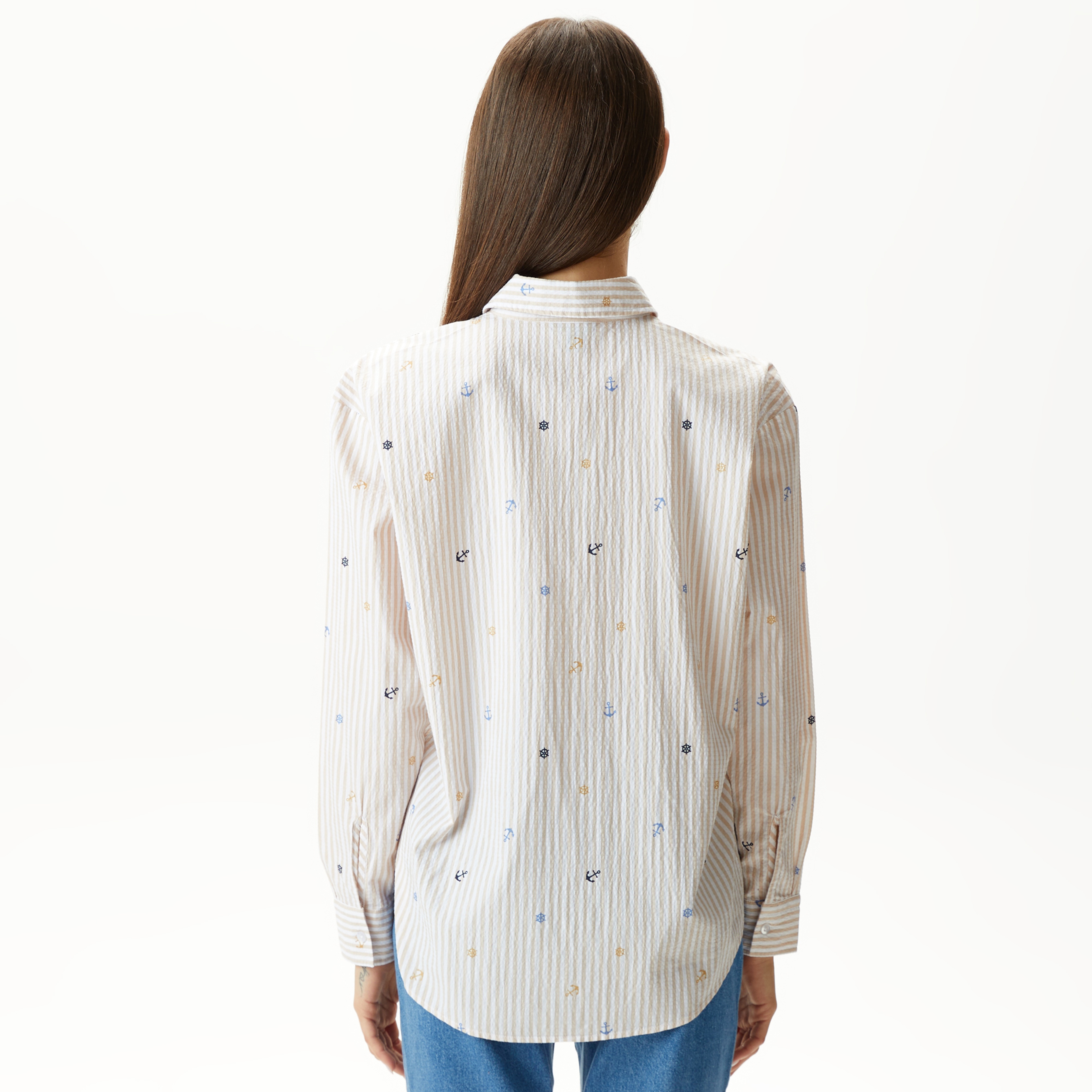 Nautica Kadın Bej Relaxed Fit Uzun Kollu Çizgili Gömlek