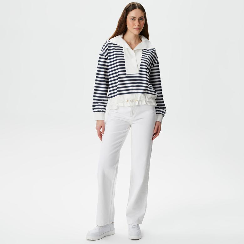 Nautica Kadın Lacivert Relaxed Fit Dik Yaka Çizgili Sweatshirt
