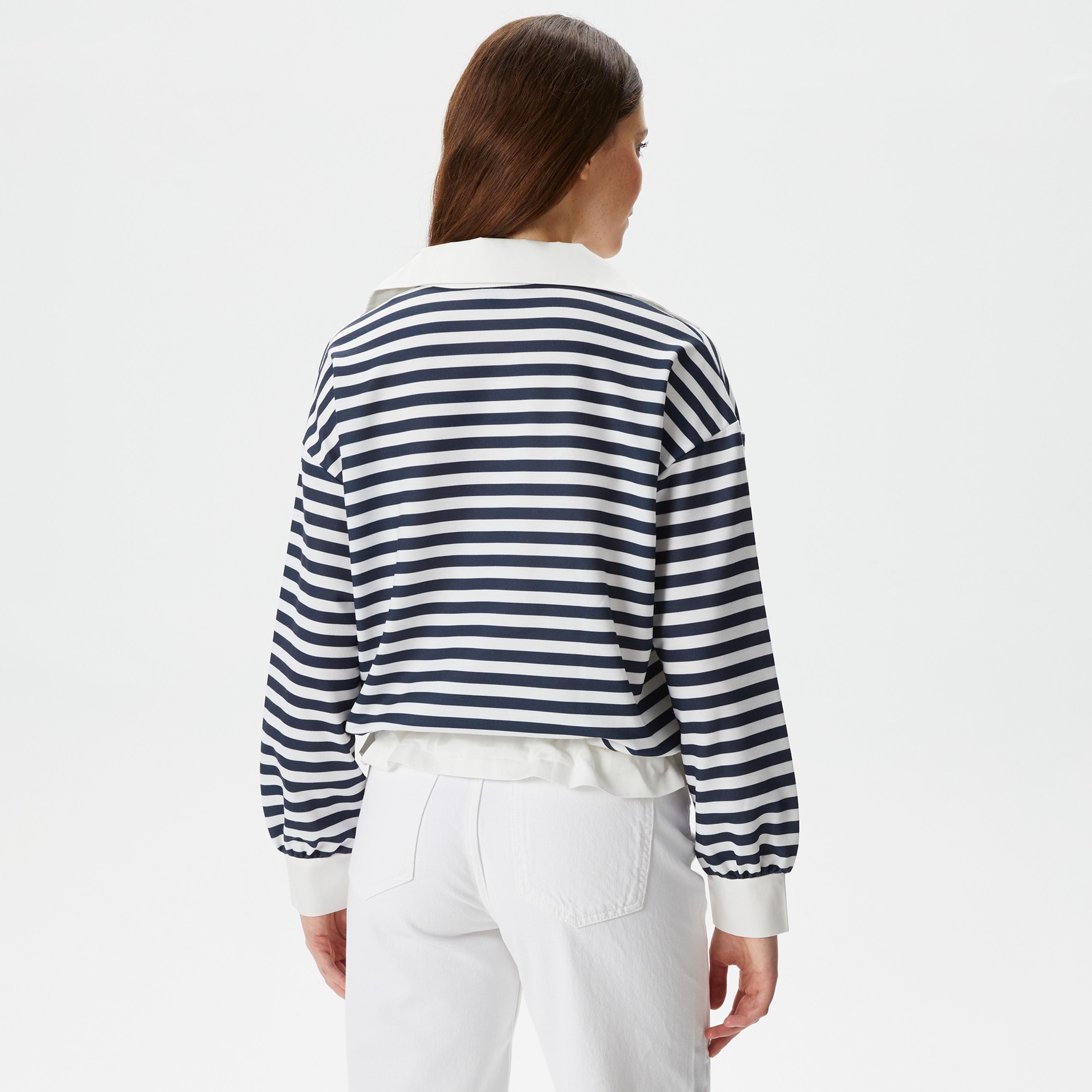 Nautica Kadın Lacivert Relaxed Fit Dik Yaka Çizgili Sweatshirt