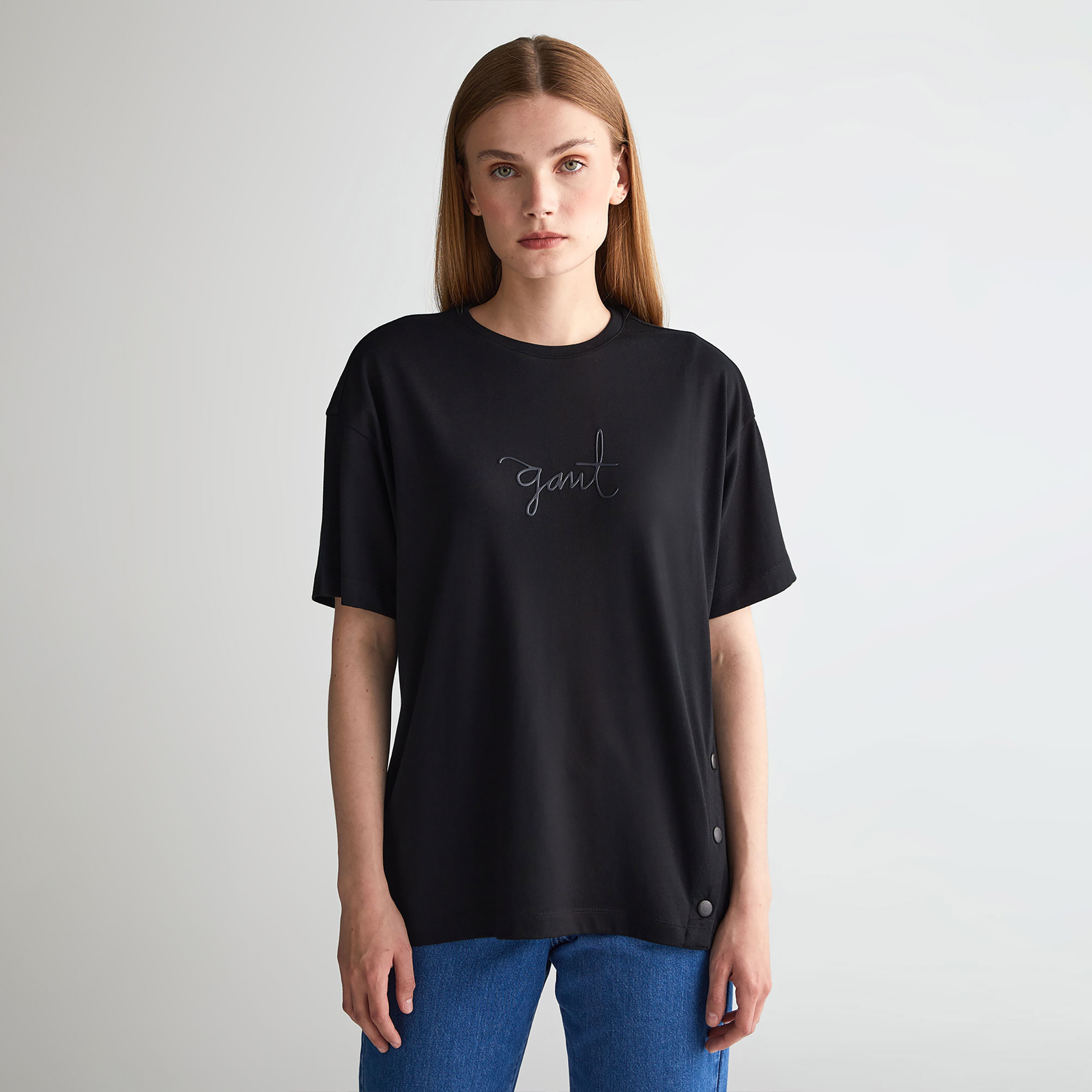 GANT Kadın Siyah Oversize Fit Bisiklet Yaka T-shirt