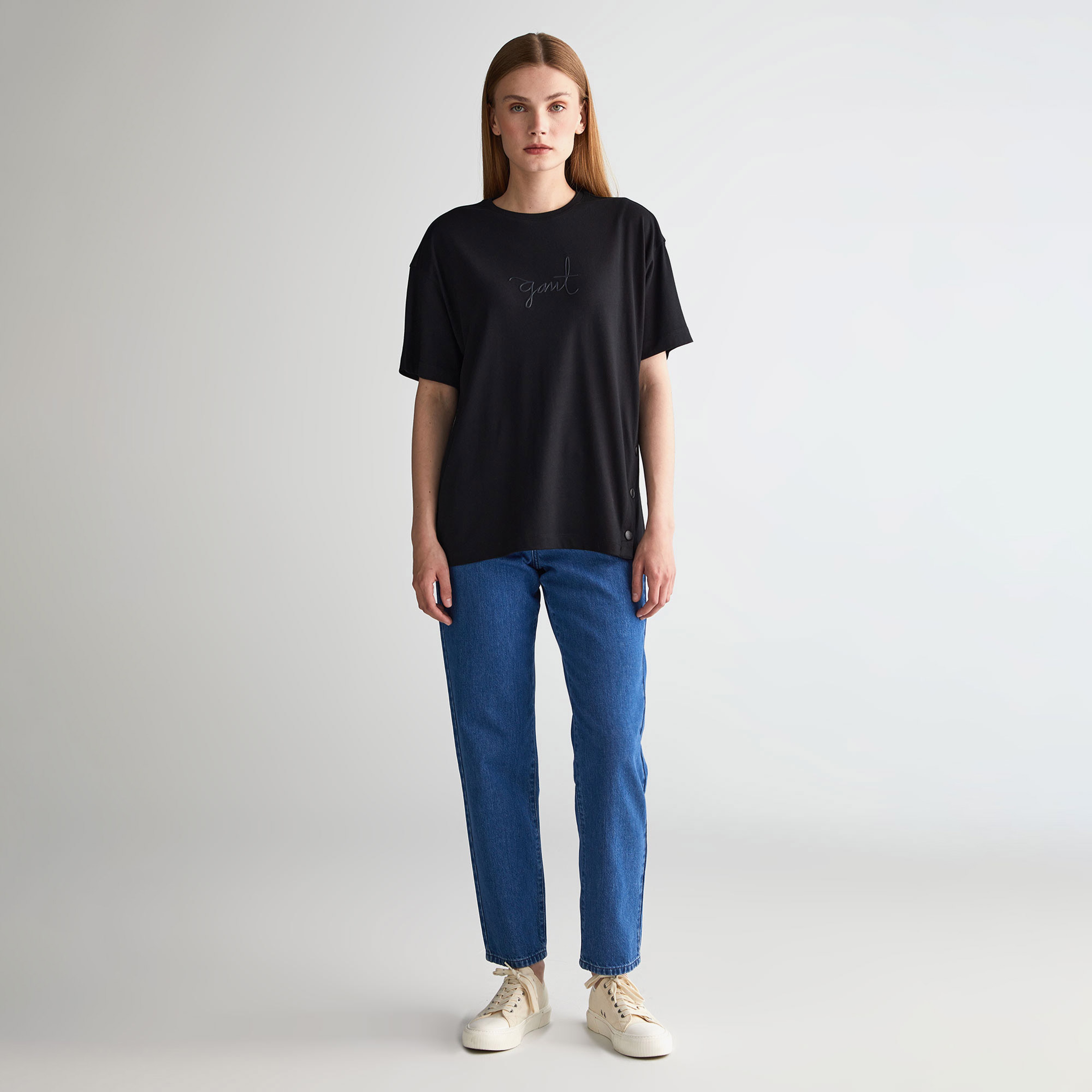 GANT Kadın Siyah Oversize Fit Bisiklet Yaka T-shirt