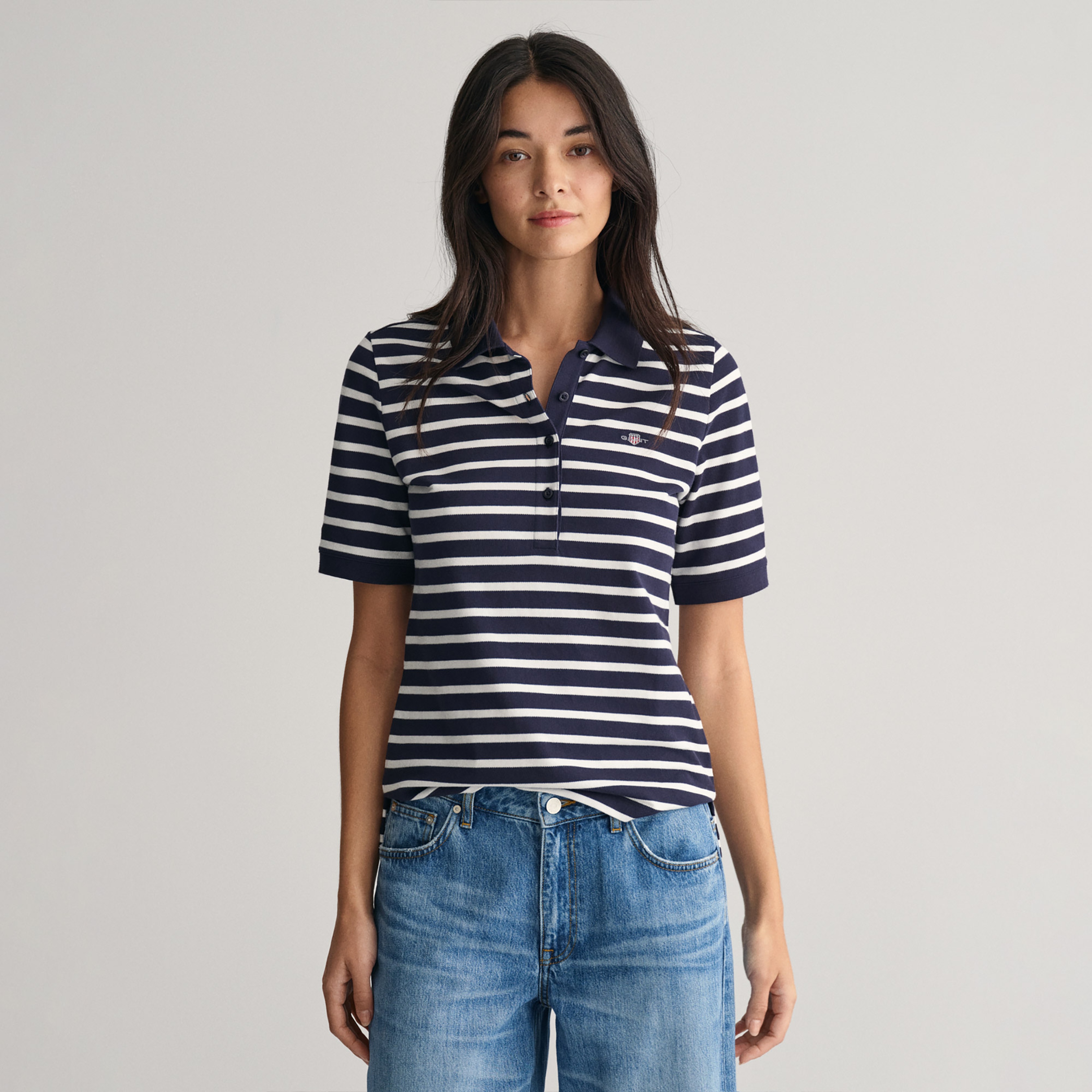 GANT Kadın Lacivert Slim Fit Çizgili Polo