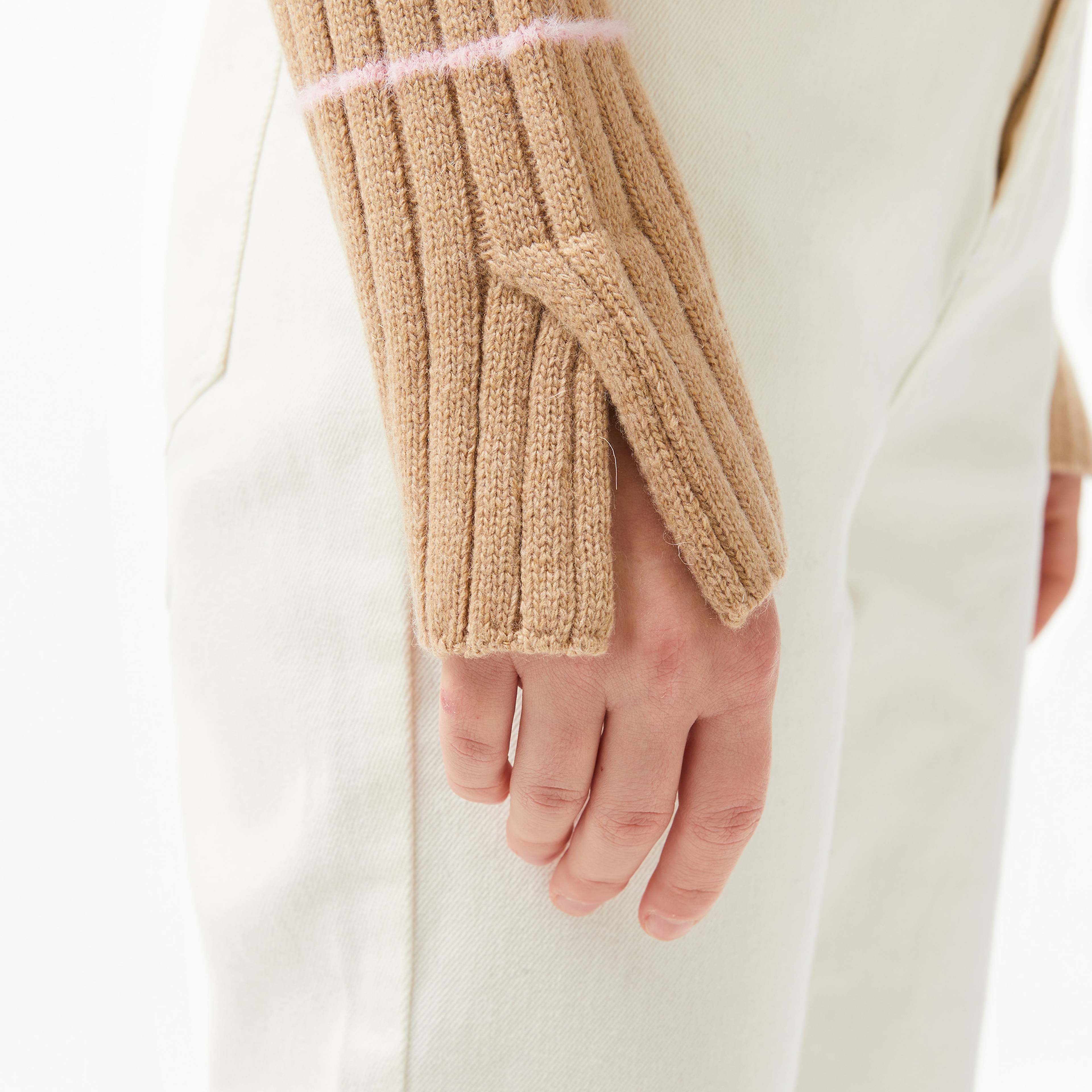 Kadın Regular Fit Yarım Fermuarlı Renk Bloklu Bej Kazak