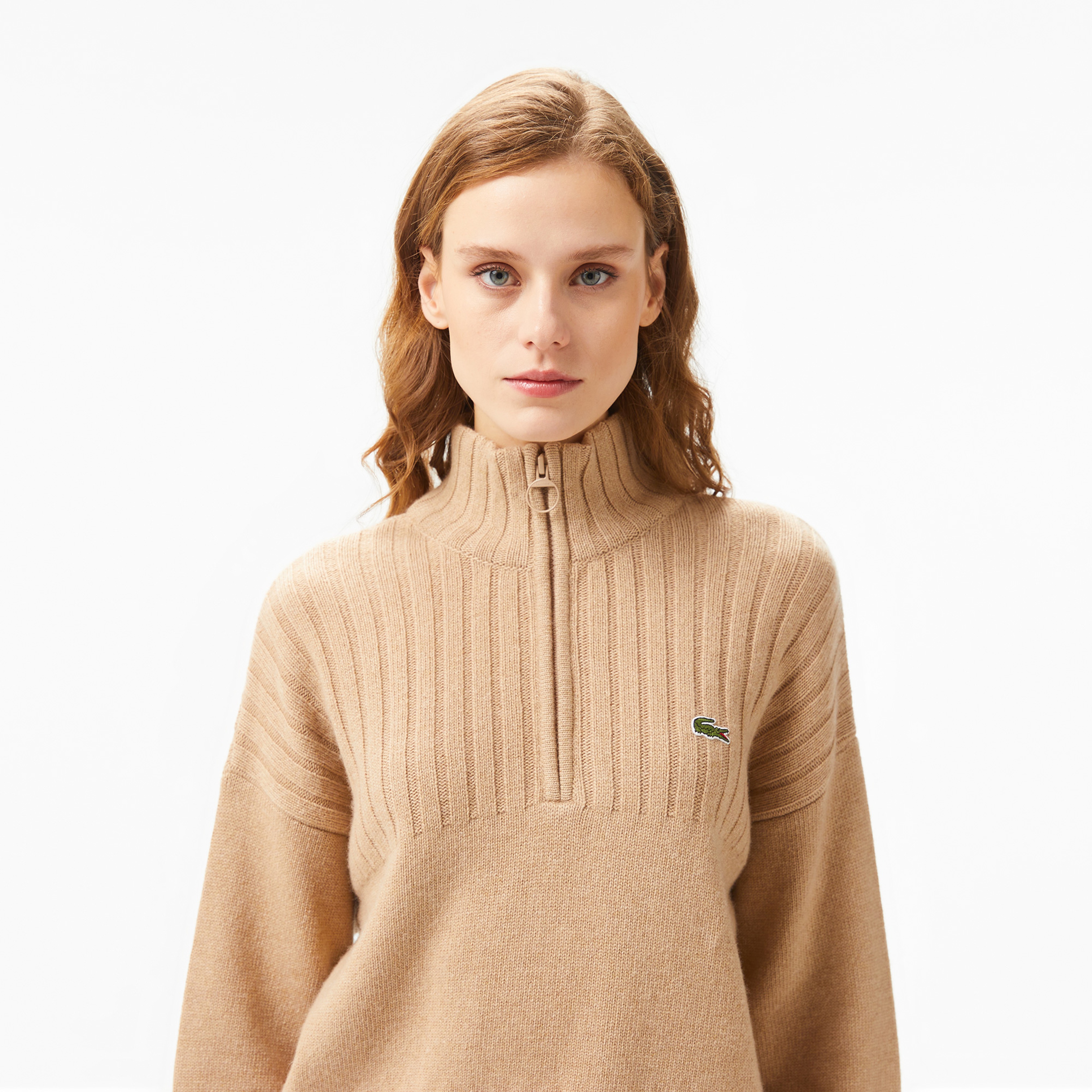 Kadın Regular Fit Yarım Fermuarlı Renk Bloklu Bej Kazak