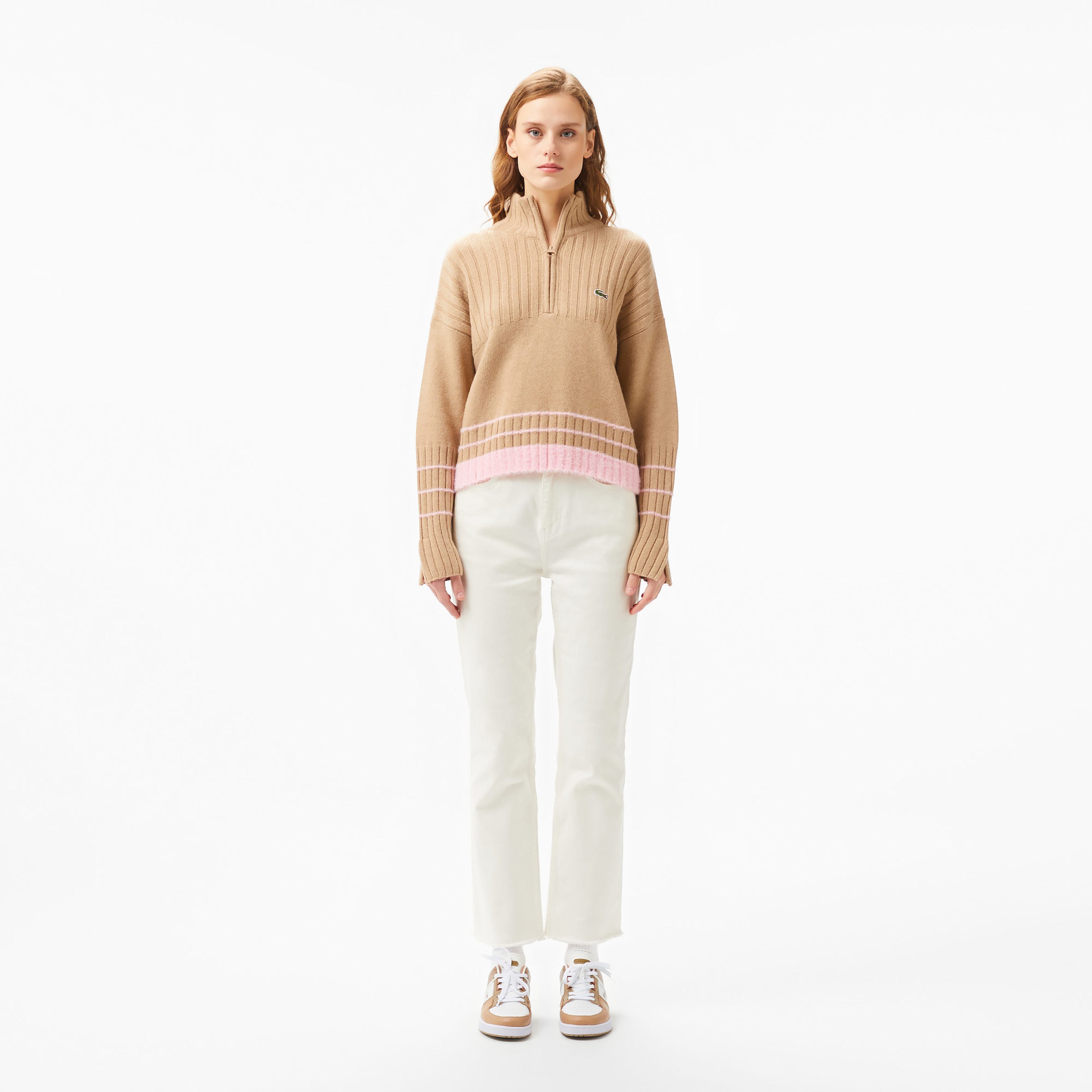 Kadın Regular Fit Yarım Fermuarlı Renk Bloklu Bej Kazak