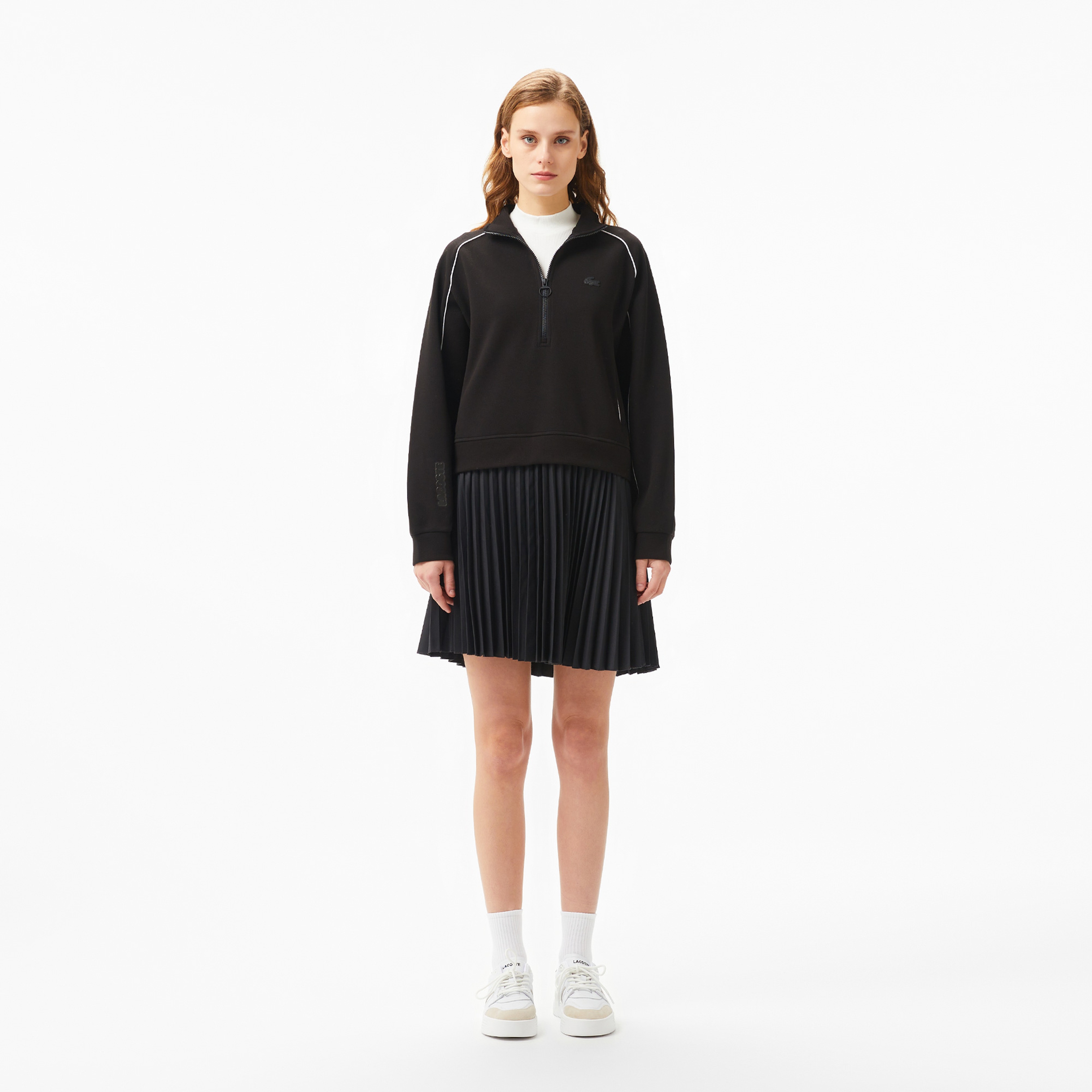 Kadın Flare Fit Uzun Kollu Yarım Fermuarlı Yaka Siyah Elbise