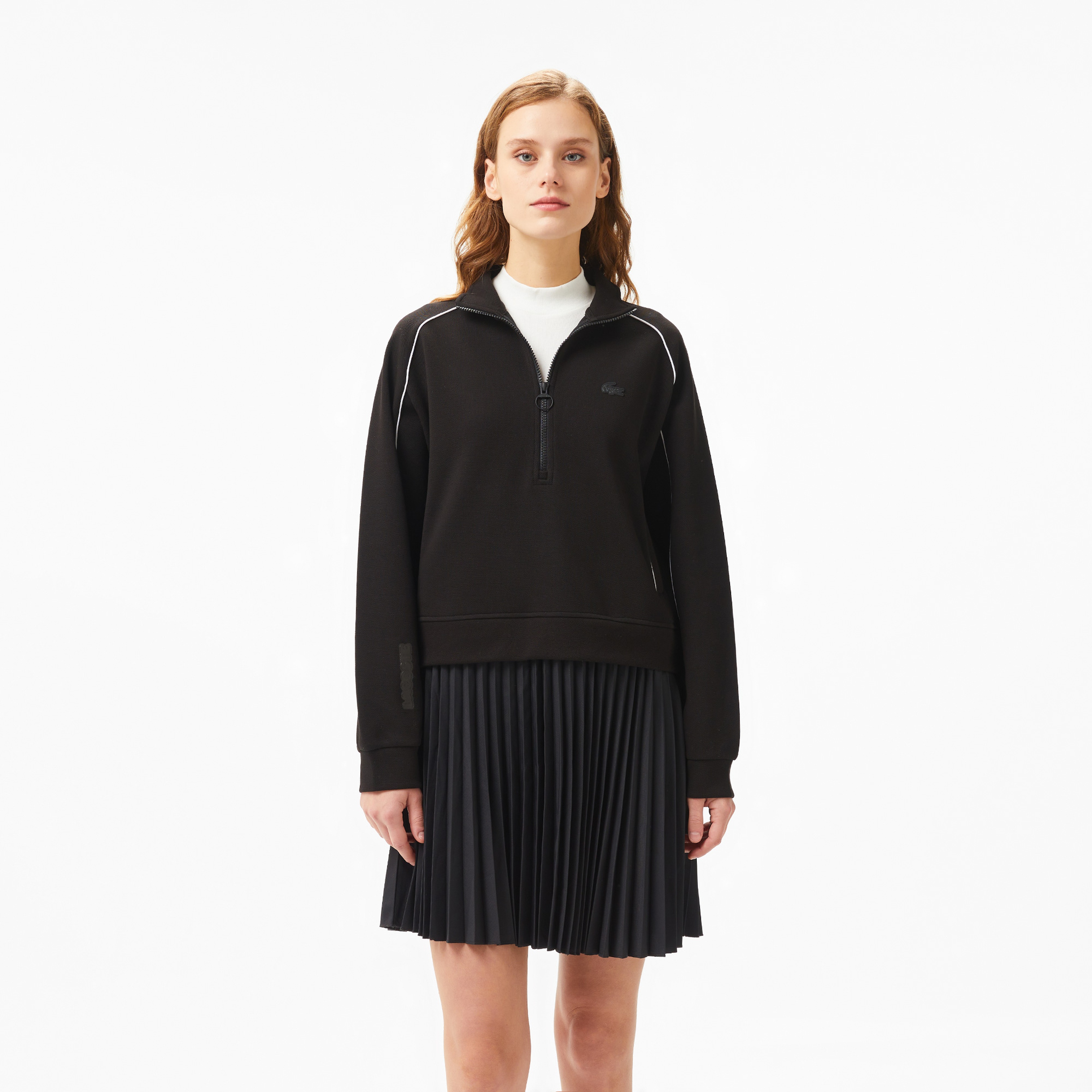 Kadın Flare Fit Uzun Kollu Yarım Fermuarlı Yaka Siyah Elbise