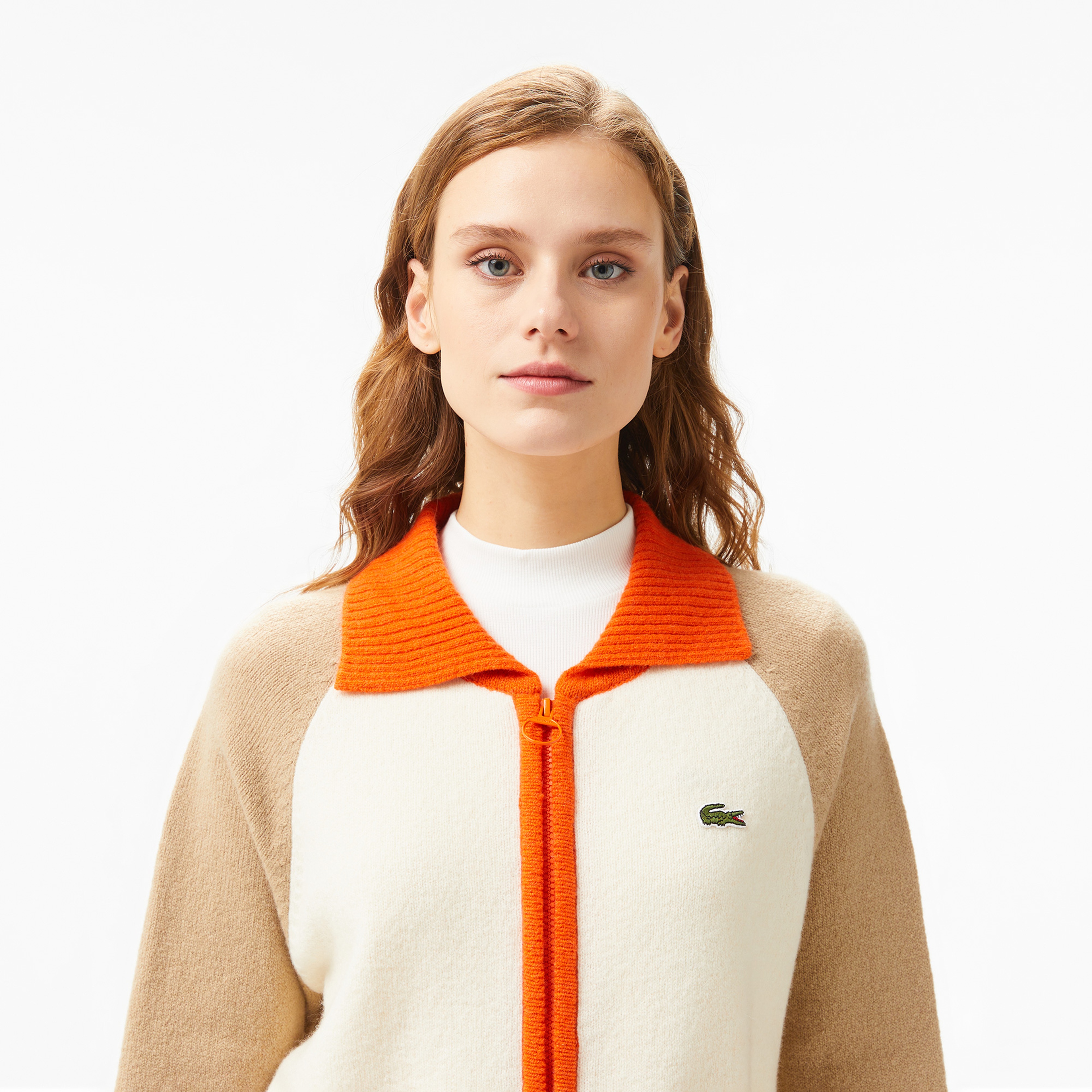 Kadın Relaxed Fit Fermuarlı Renk Bloklu Bej Triko