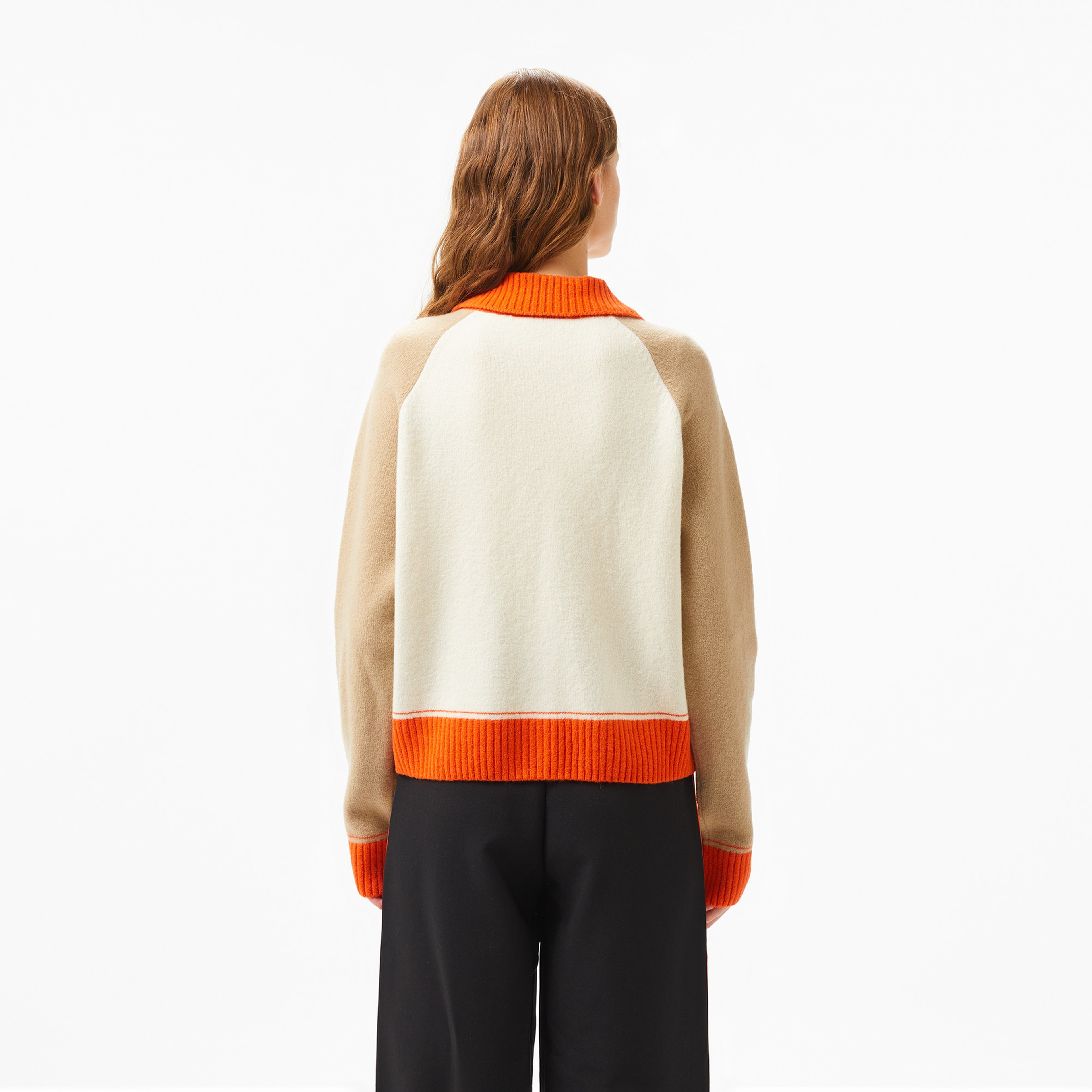 Kadın Relaxed Fit Fermuarlı Renk Bloklu Bej Triko