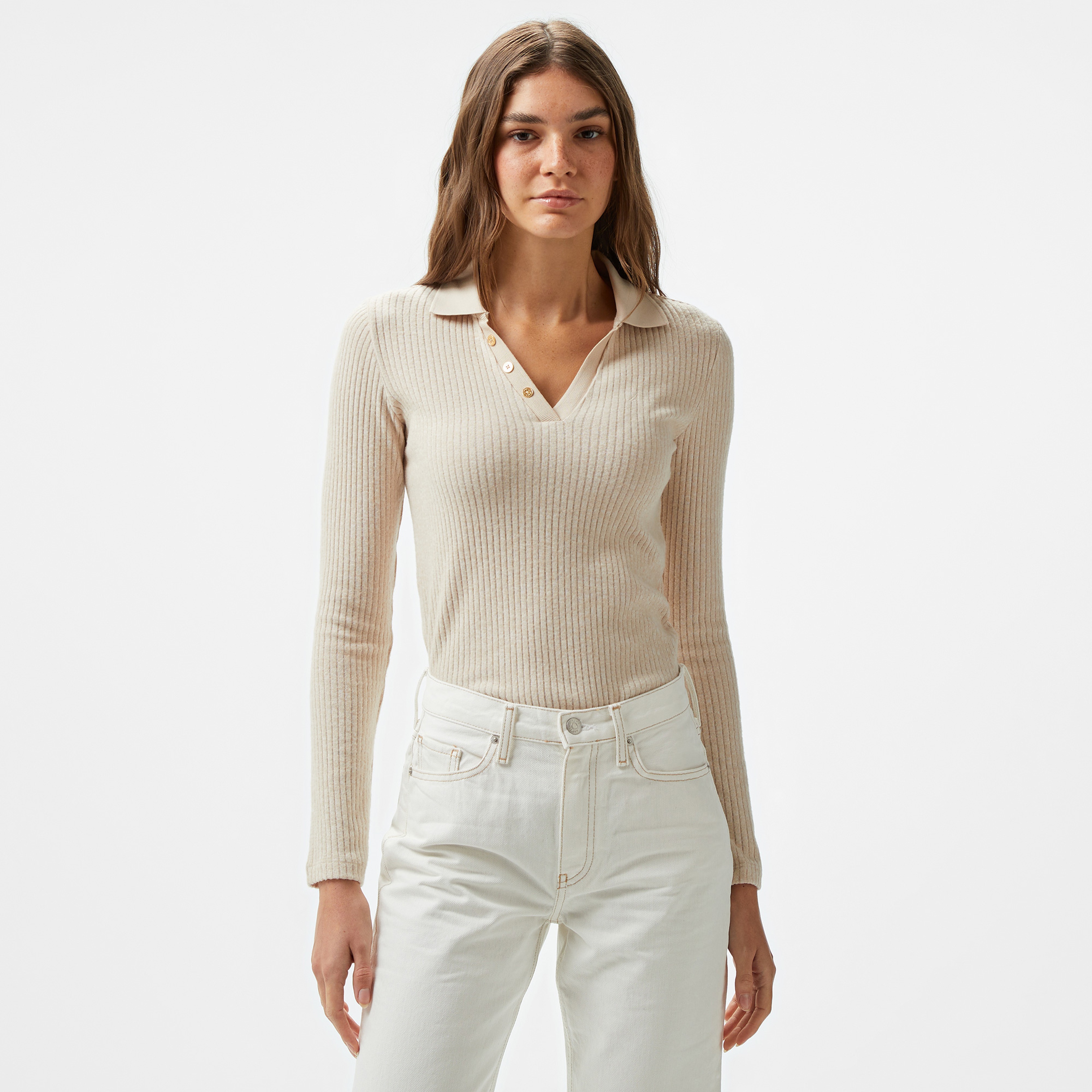 Nautica Kadın Kırık Beyaz Uzun Kollu Polo Yaka T-Shirt