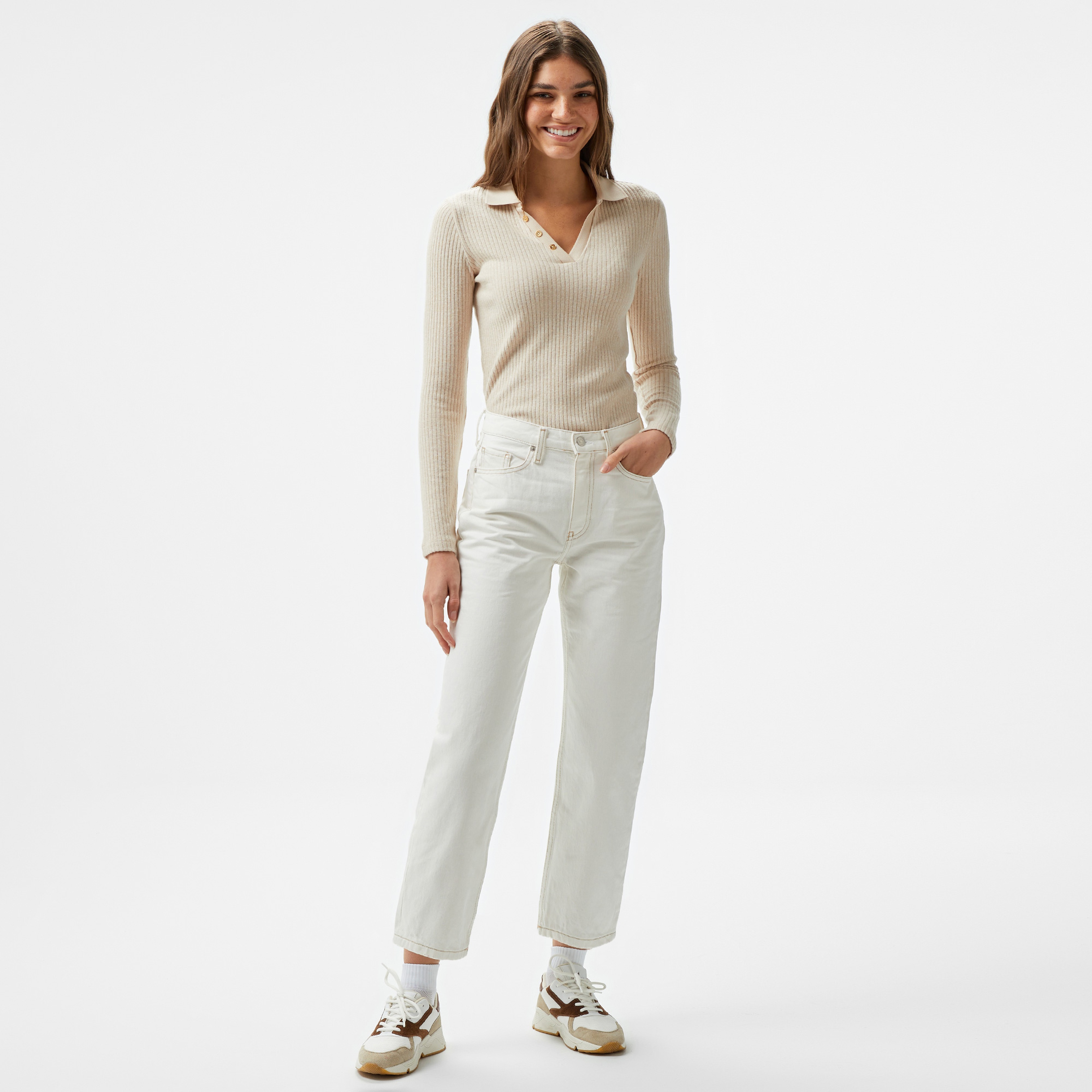 Nautica Kadın Kırık Beyaz Uzun Kollu Polo Yaka T-Shirt