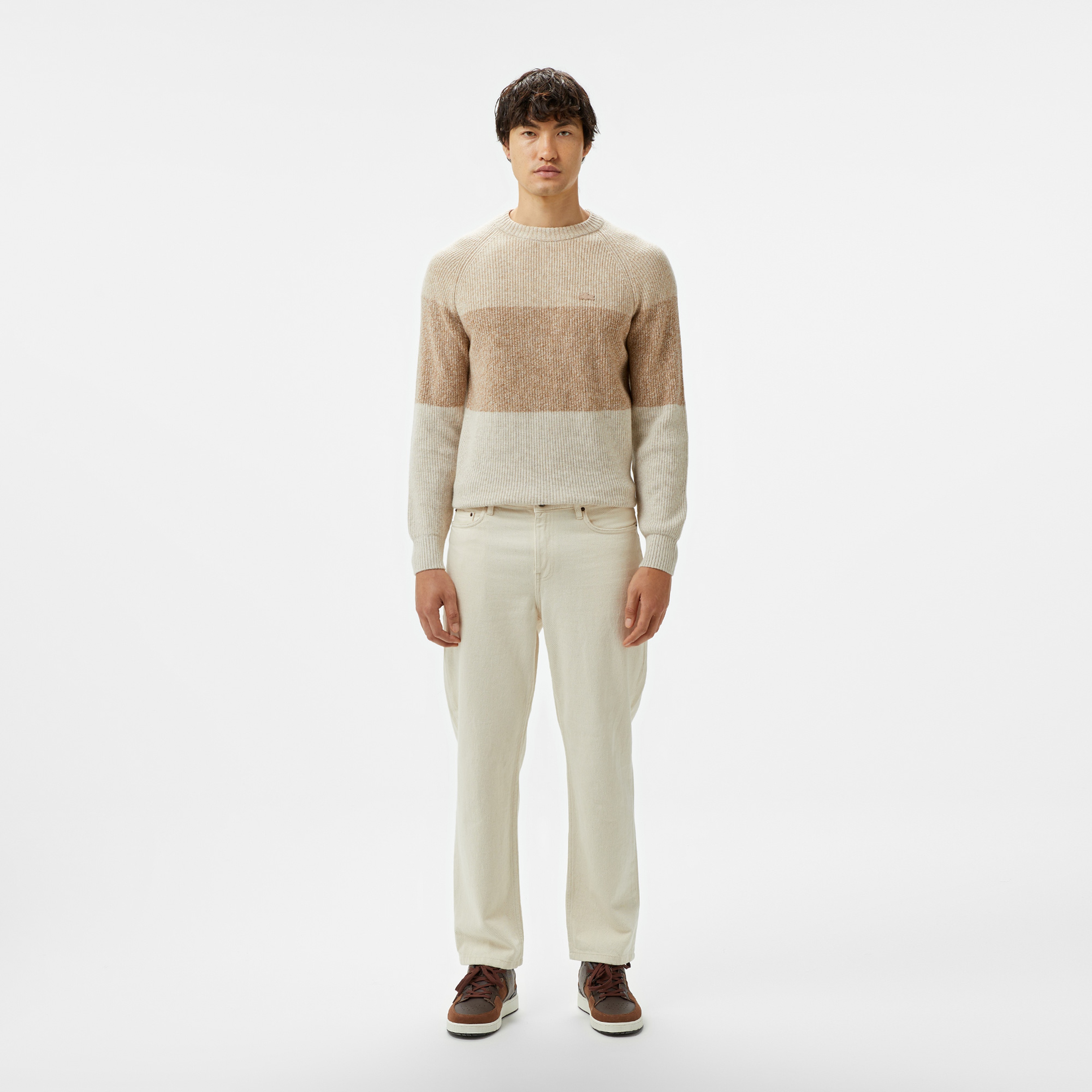 Erkek Relaxed Fit Bisiklet Yaka Renk Bloklu Bej Kazak