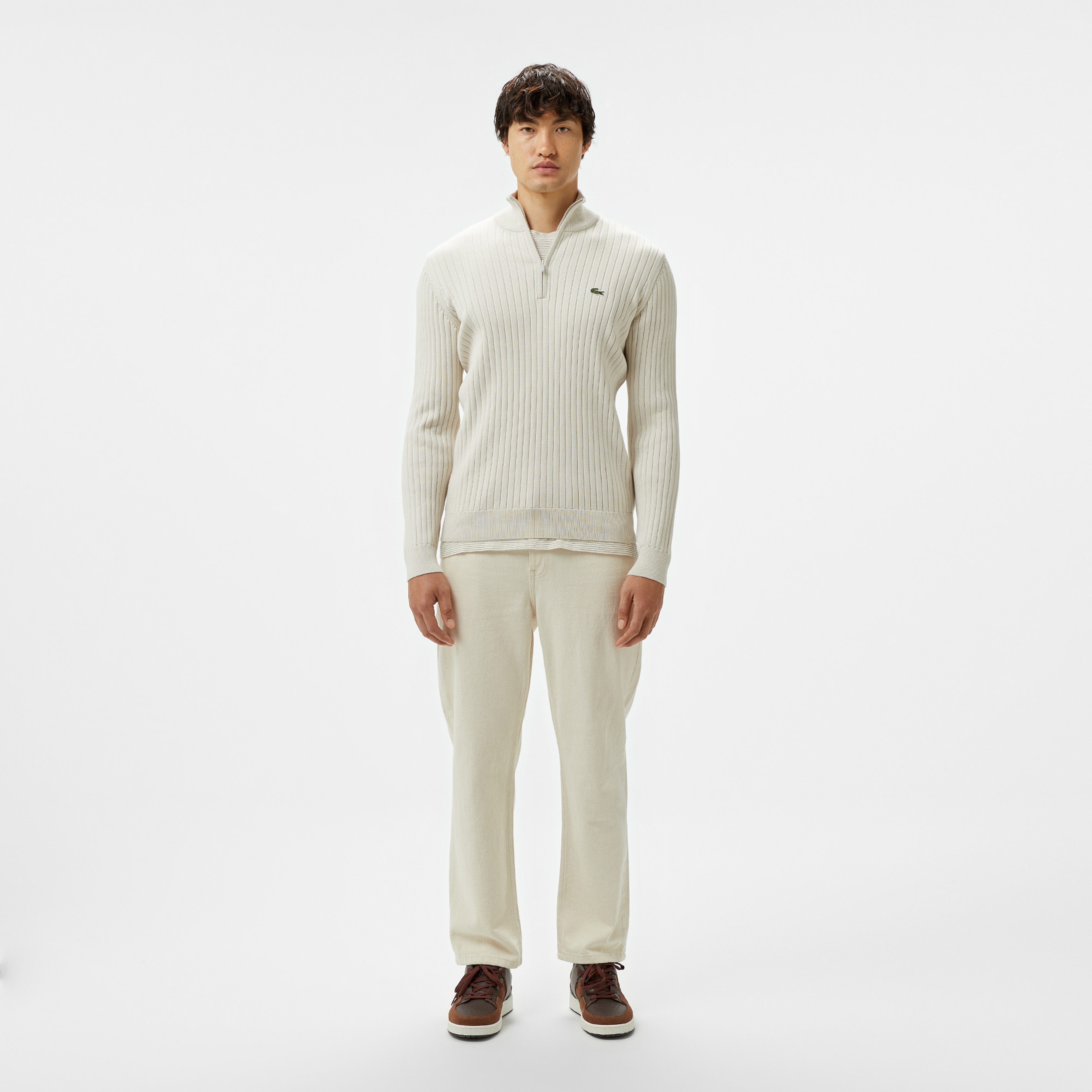 Erkek Relaxed Fit Yarım Fermuarlı Çizgili Krem Triko