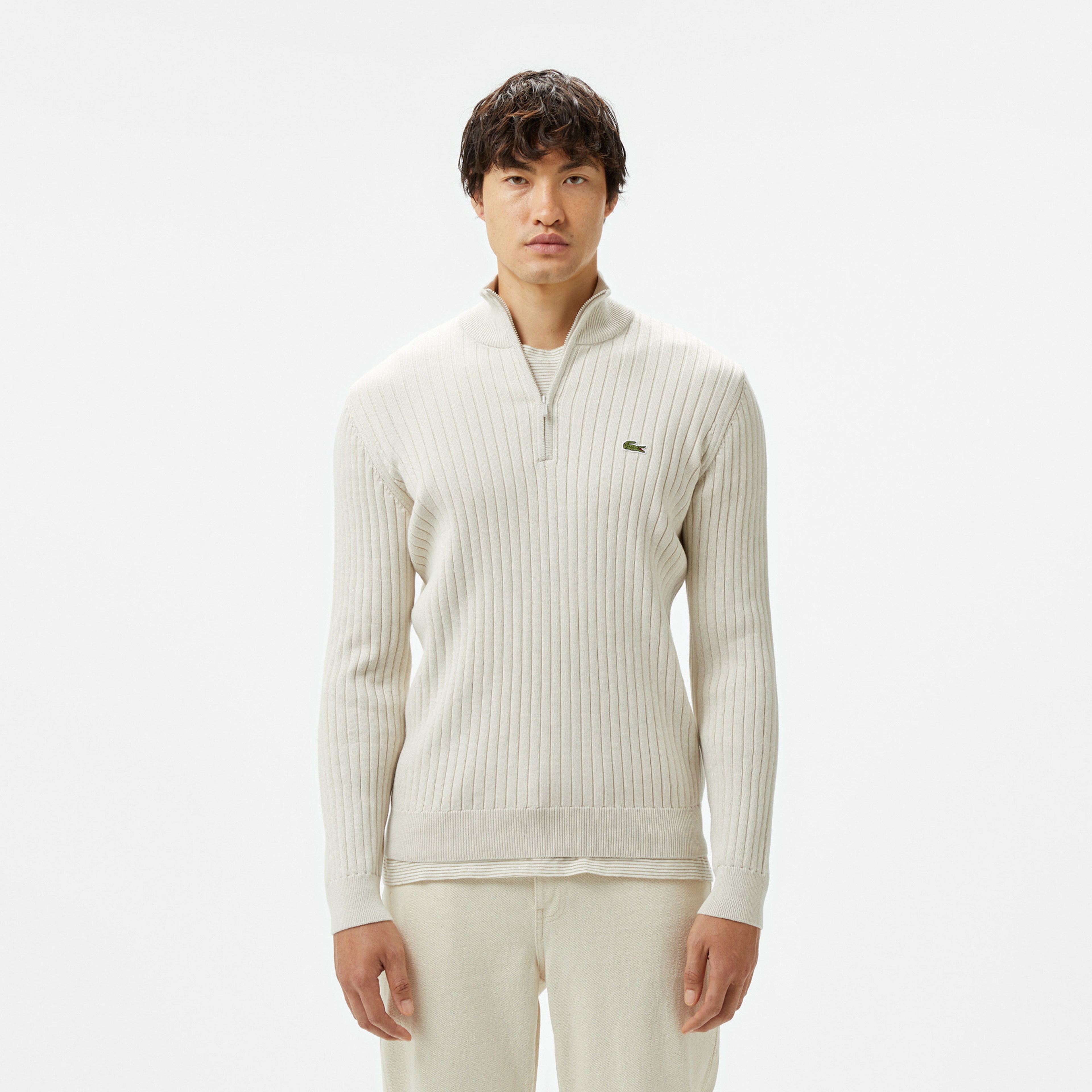 Erkek Relaxed Fit Yarım Fermuarlı Çizgili Krem Triko