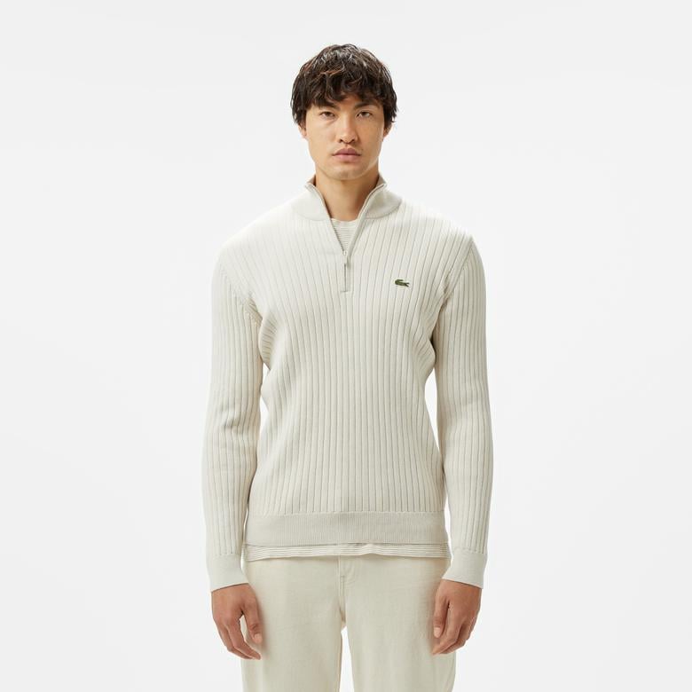 Erkek Relaxed Fit Yarım Fermuarlı Çizgili Krem Triko