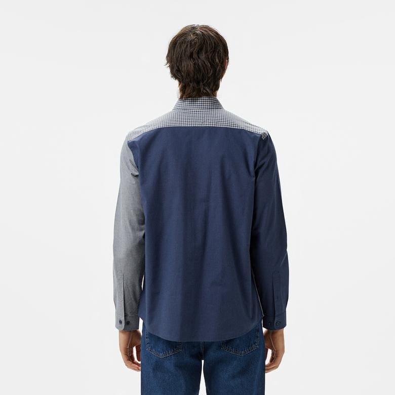 Erkek Relaxed Fit Düğmeli Yaka Ekose Lacivert Gömlek