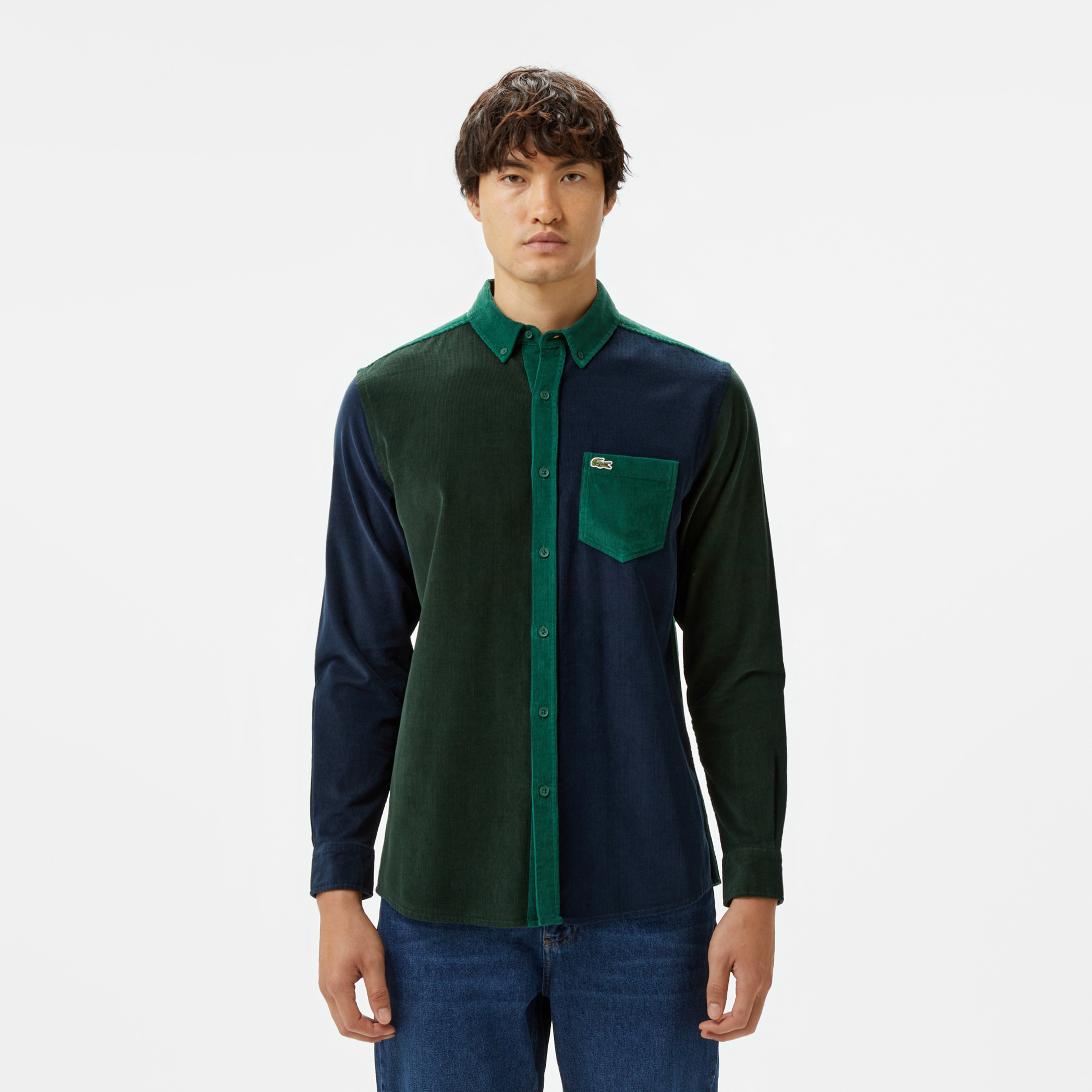 Erkek Regular Fit Düğmeli Yaka Renk Bloklu Koyu Yeşil Gömlek