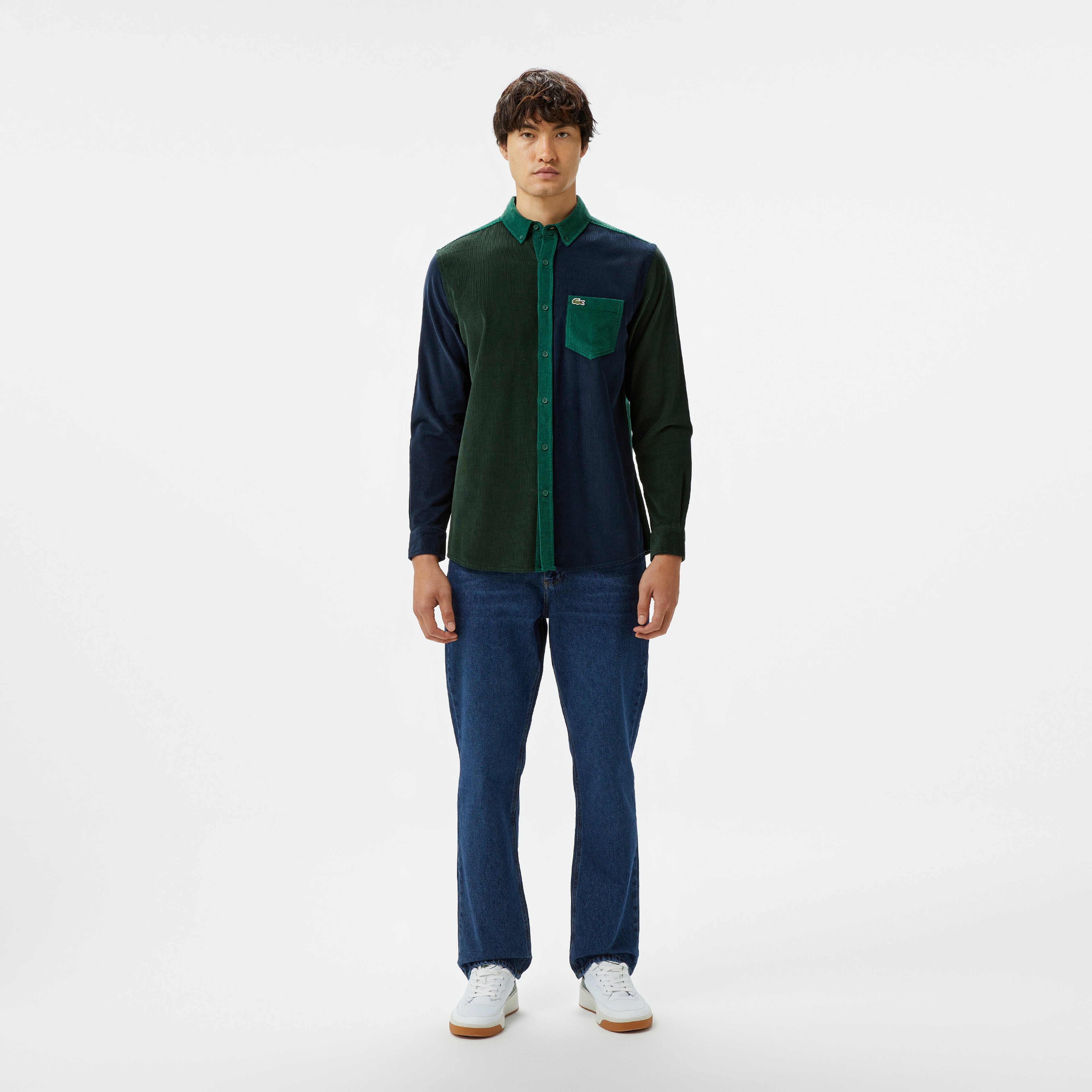 Erkek Regular Fit Düğmeli Yaka Renk Bloklu Koyu Yeşil Gömlek