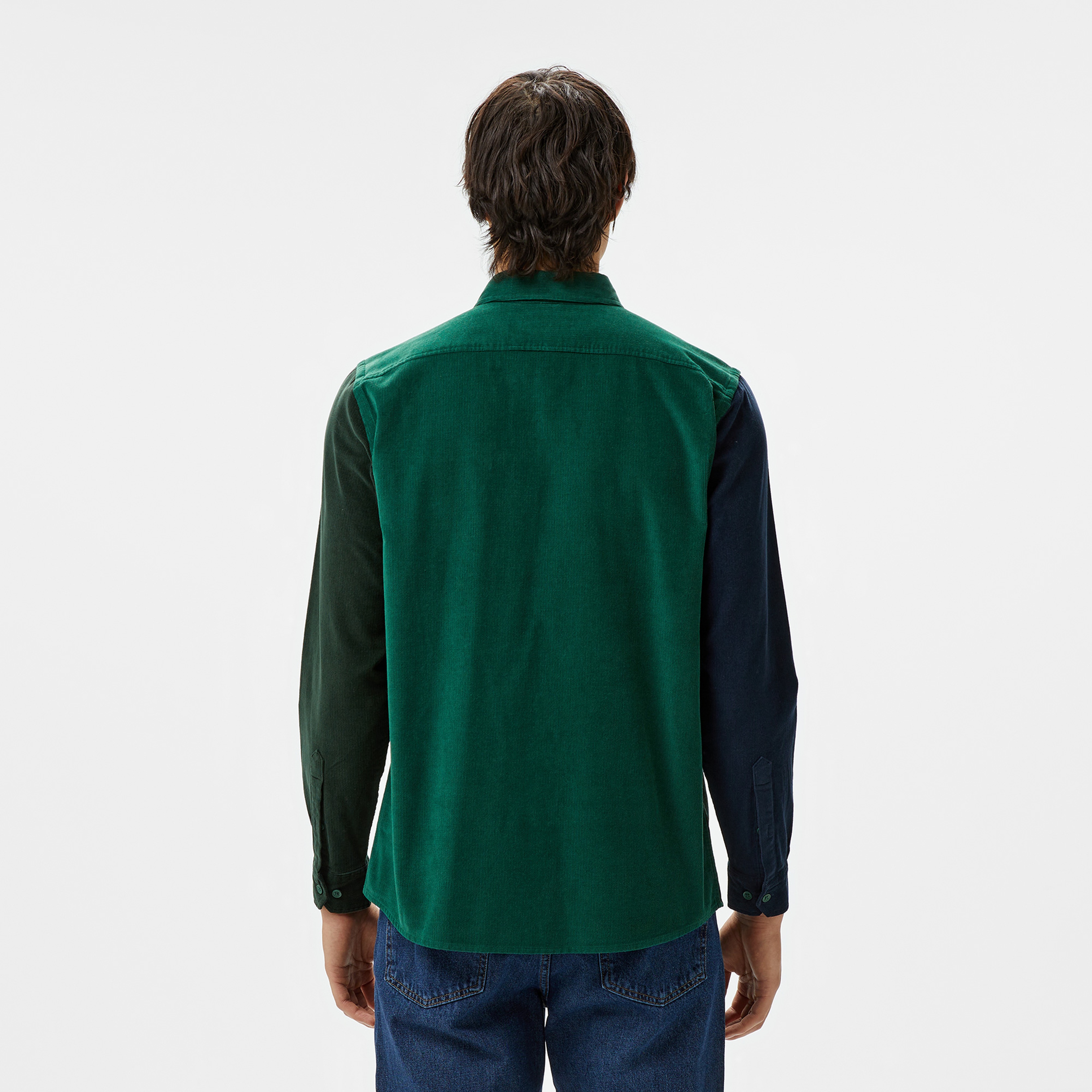 Erkek Regular Fit Düğmeli Yaka Renk Bloklu Koyu Yeşil Gömlek
