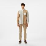 Erkek Regular Fit Düğmeli Yaka Renk Bloklu Bej Gömlek