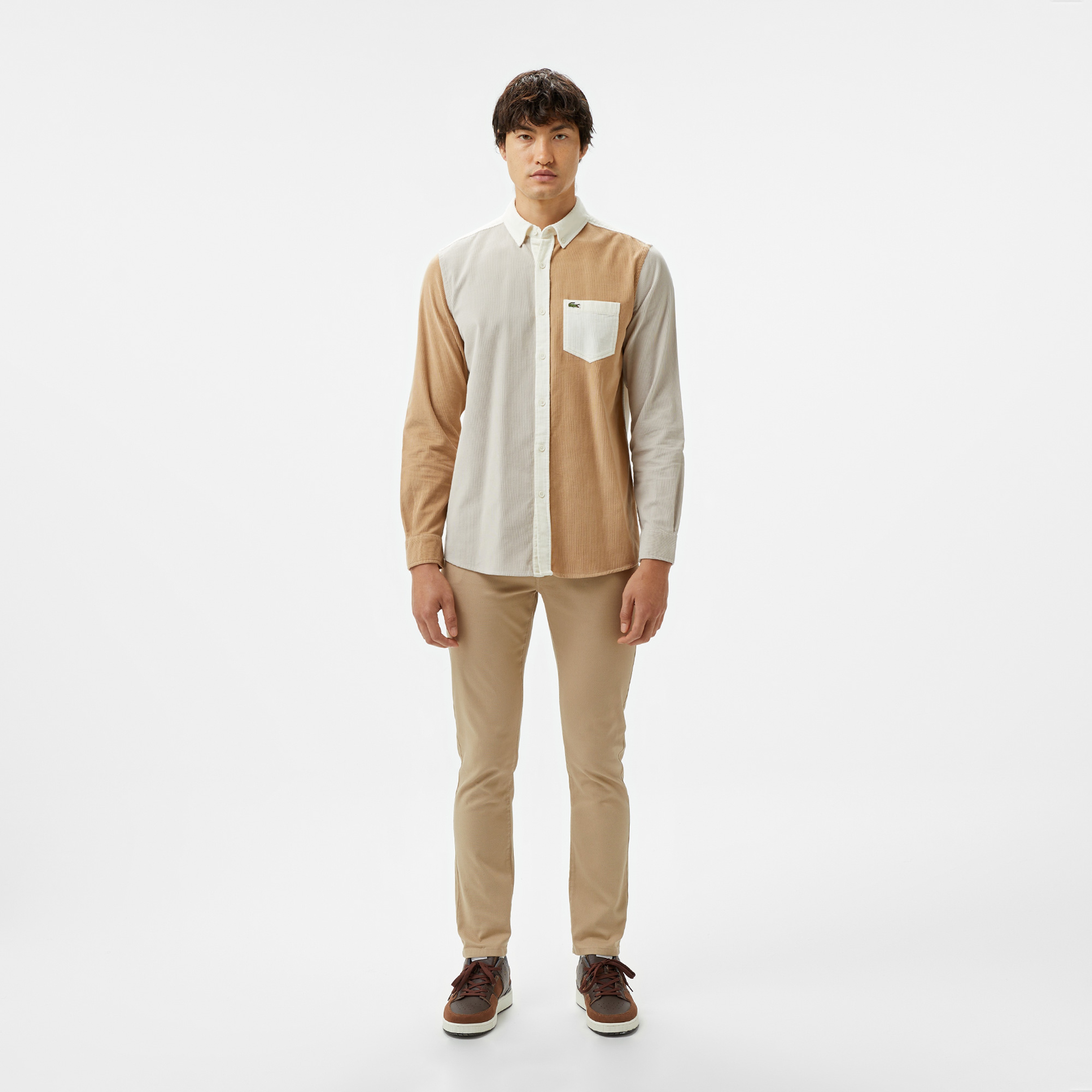 Erkek Regular Fit Düğmeli Yaka Renk Bloklu Bej Gömlek