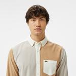 Erkek Regular Fit Düğmeli Yaka Renk Bloklu Bej Gömlek