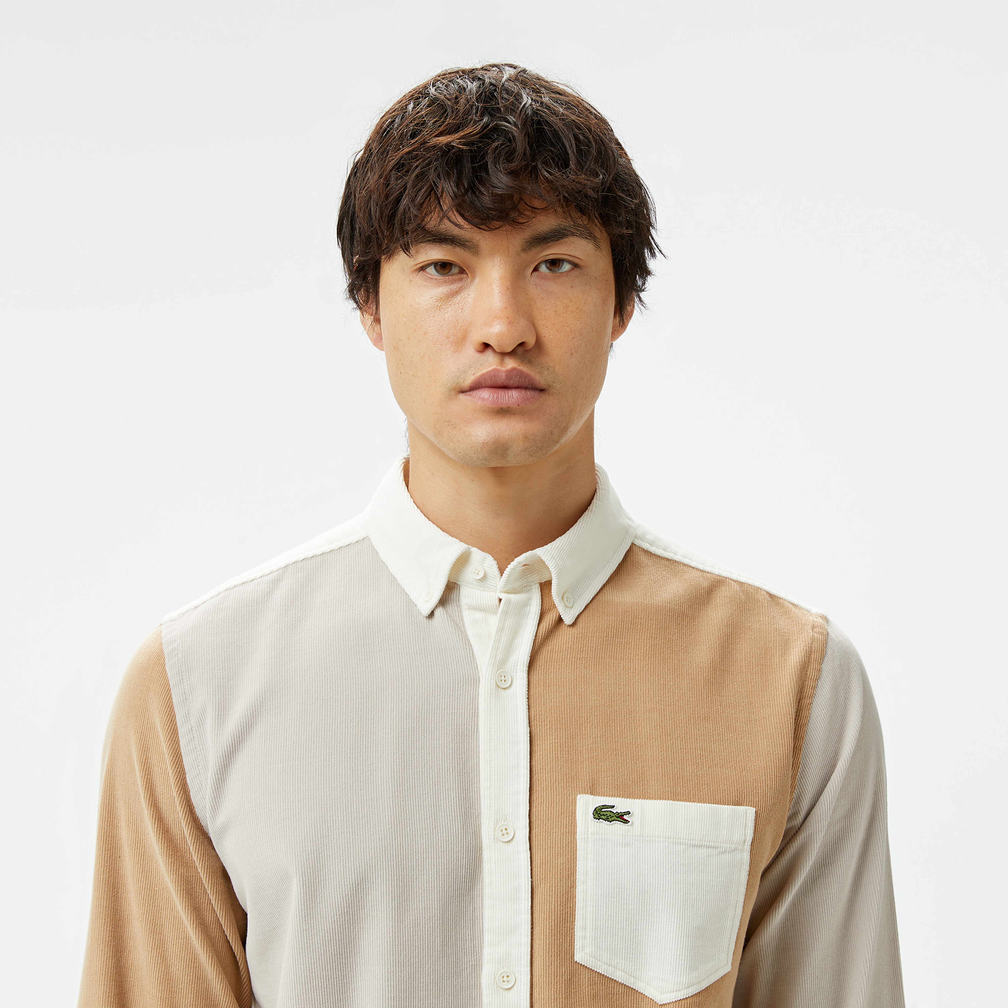 Erkek Regular Fit Düğmeli Yaka Renk Bloklu Bej Gömlek