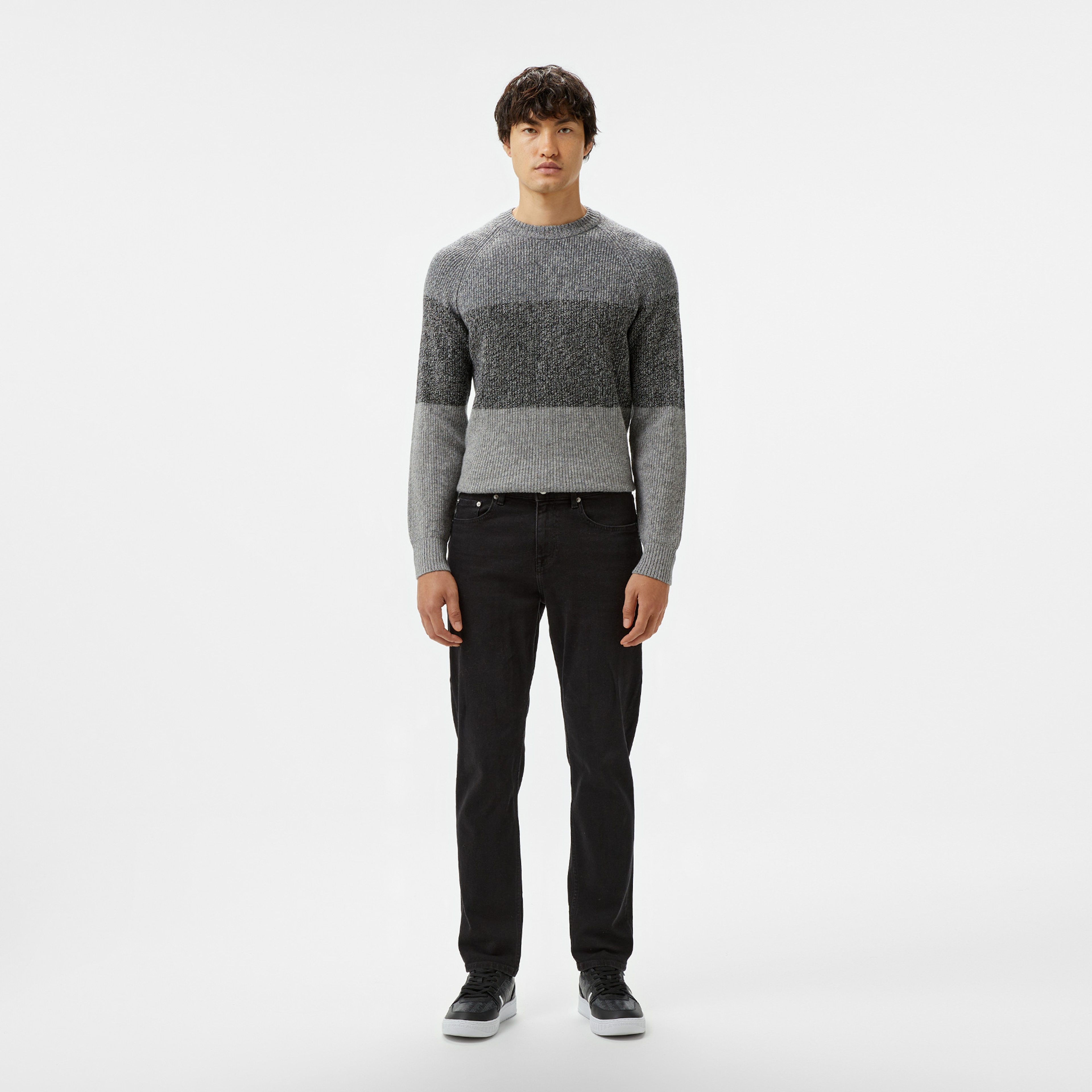 Erkek Relaxed Fit Bisiklet Yaka Renk Bloklu Gri Kazak