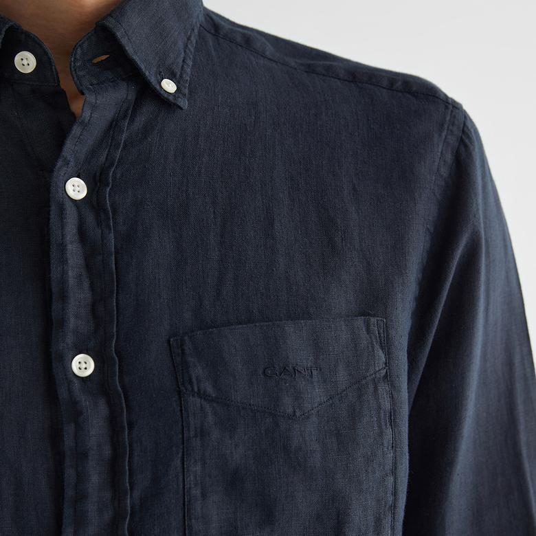 GANT Erkek Siyah Regular Fit Düğmeli Yaka Keten Gömlek