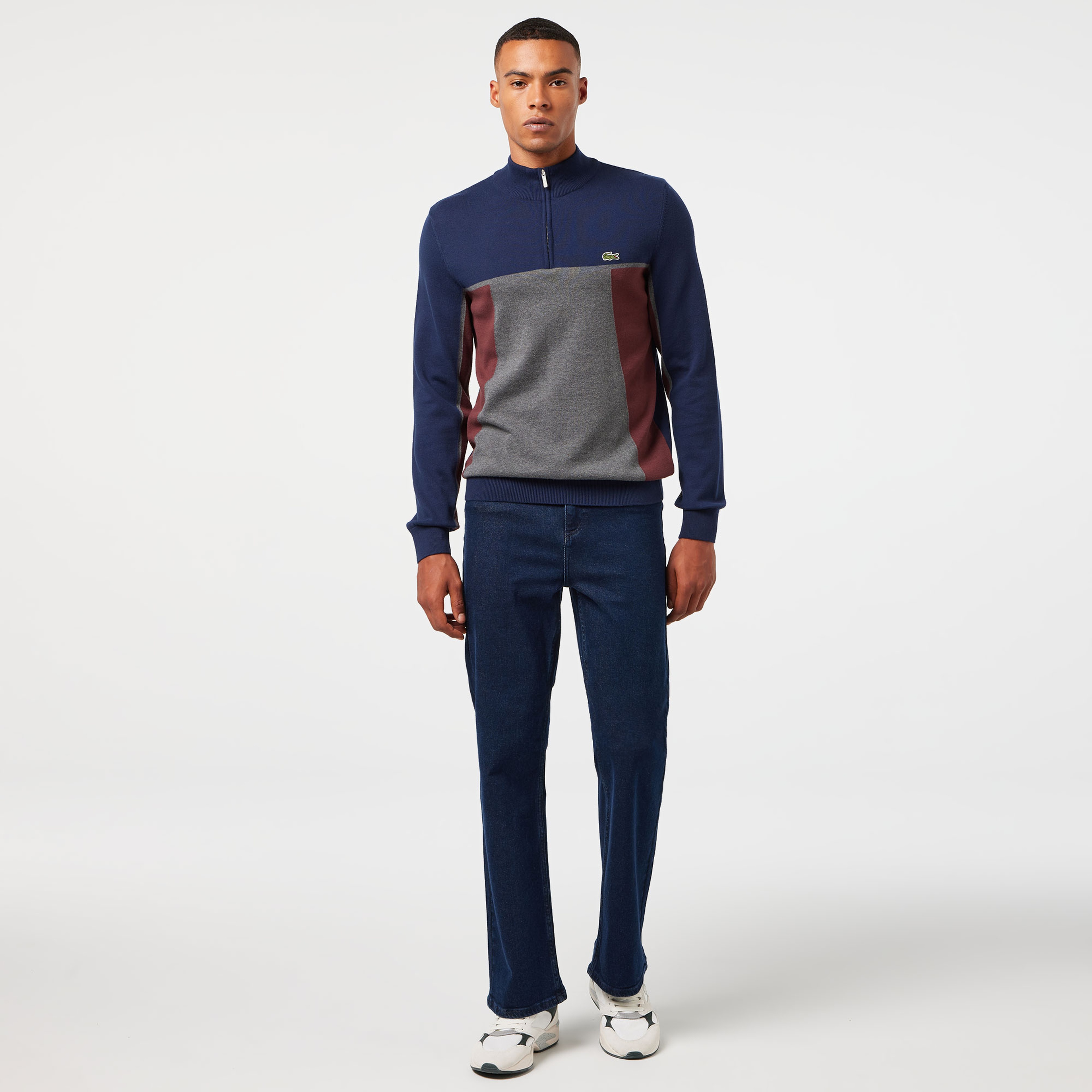 Erkek Relaxed Fit Yarım Fermuarlı Renk Bloklu Lacivert Kazak