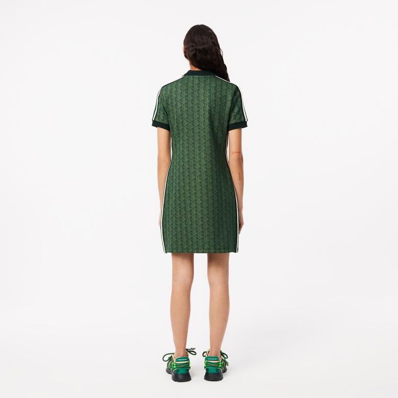 Kadın Slim Fit Kısa Kollu Polo Yaka Monogram Koyu Yeşil Elbise